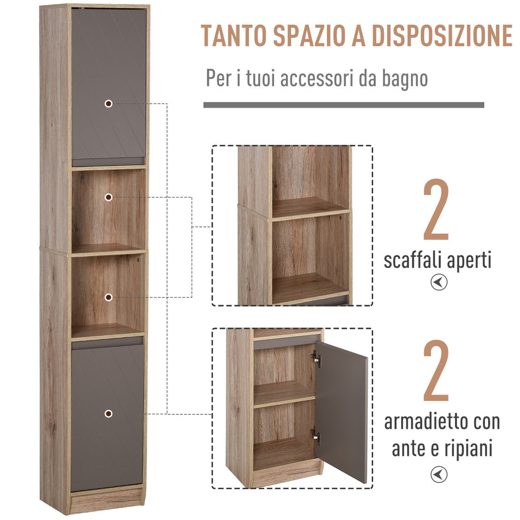 EasyComfort Mobiletto Salvaspazio per Bagno in Legno, Mobile da Bagno with 2 Armadietti e 6 Ripiani, Grigio e Rovere, Design a Torre 30 x 24 x 170cm