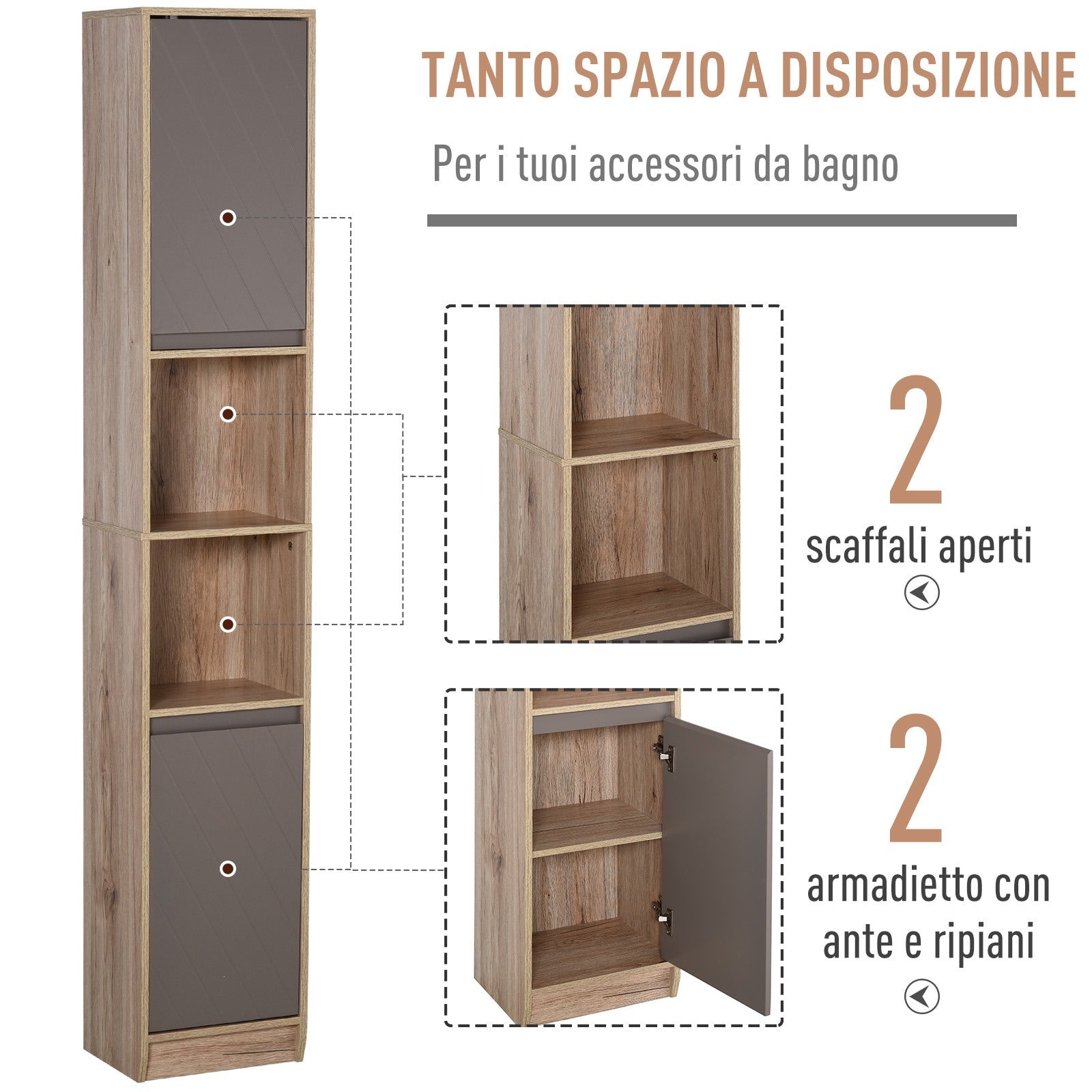 EasyComfort Mobiletto Salvaspazio per Bagno in Legno, Mobile da Bagno with 2 Armadietti e 6 Ripiani, Grigio e Rovere, Design a Torre 30 x 24 x 170cm