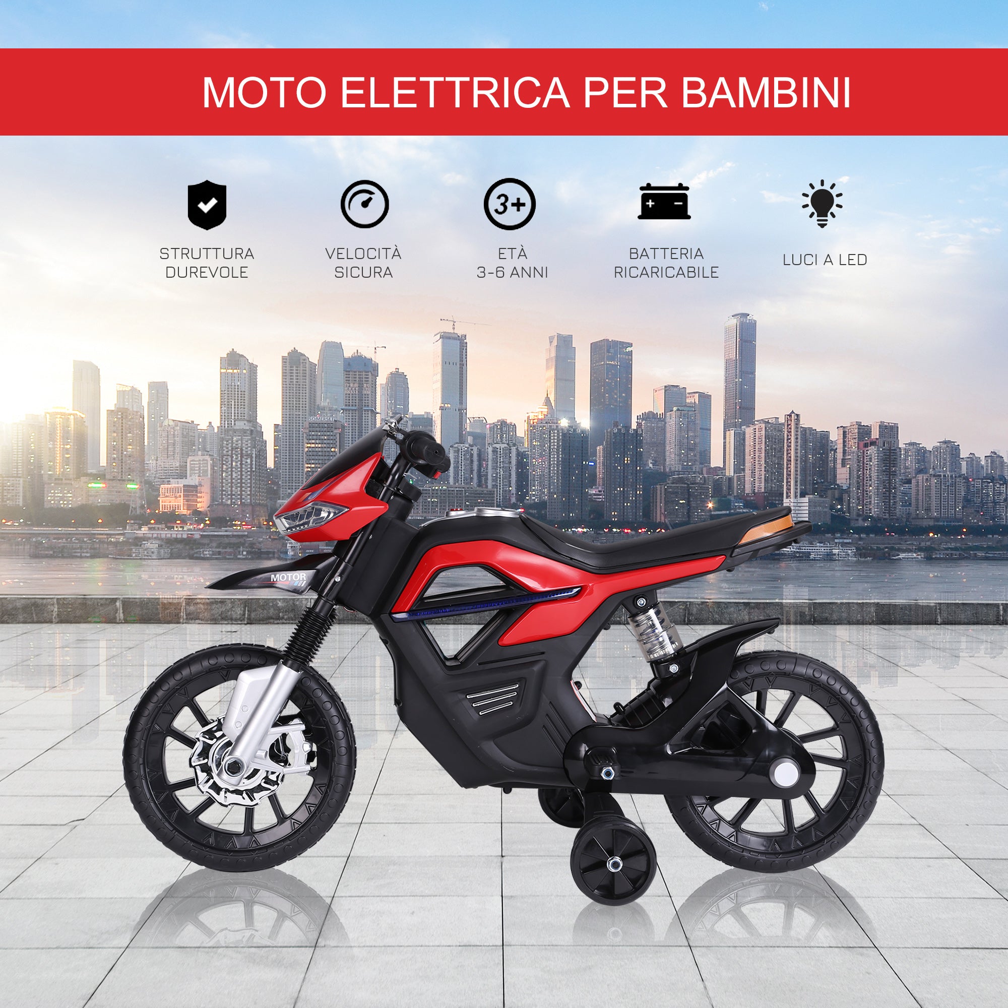 Easycomfort Moto Elettrica per Bambini da 6V with Rotelle, Fari e Musica, in PP e Metallo, 105x52.3x62.3 cm, Rosso