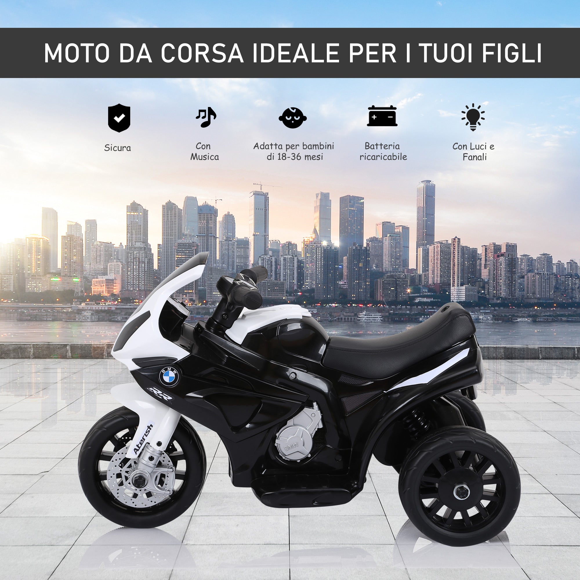 Easycomfort Moto Elettrica per Bambini Max. 20kg with Licenza BMW, Macchina Elettrica with 3 Ruote, Batteria Ricaricabile 6V, white Nera, 66x37x44cm