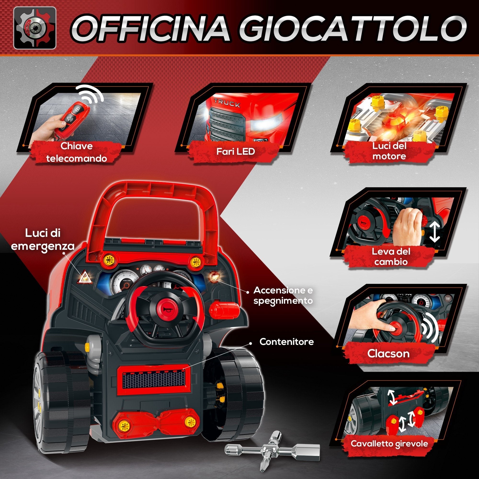 Easycomfort Officina Camion Giocattolo with Motore e 61 Accessori per Bambini 3-5 Anni, Ruote e Maniglia, 40x39x47cm, Rosso