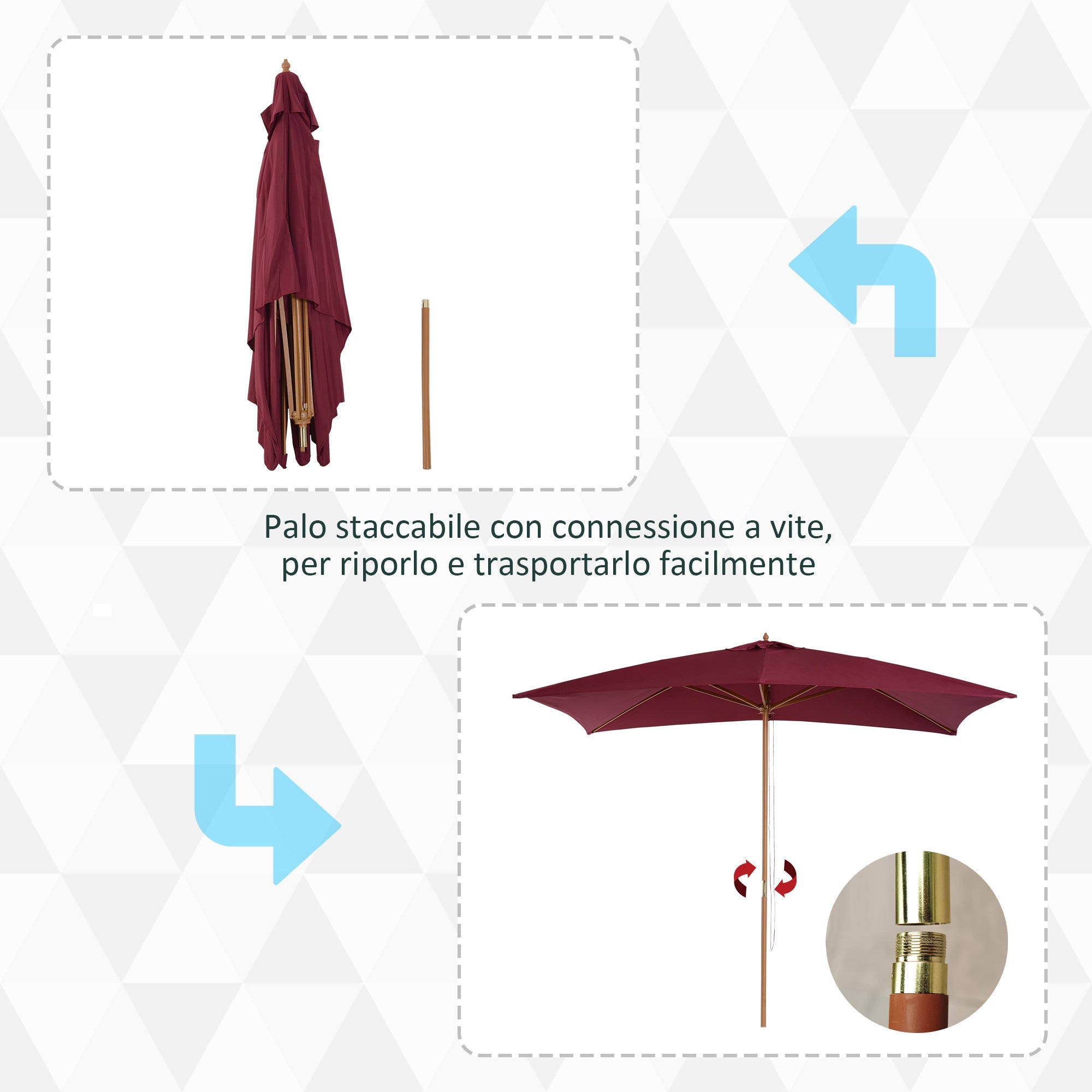Easycomfort Ombrellone 2x3 m da Giardino Impermeabile a 8 Stecche, in Legno e Bambù, Bordeaux