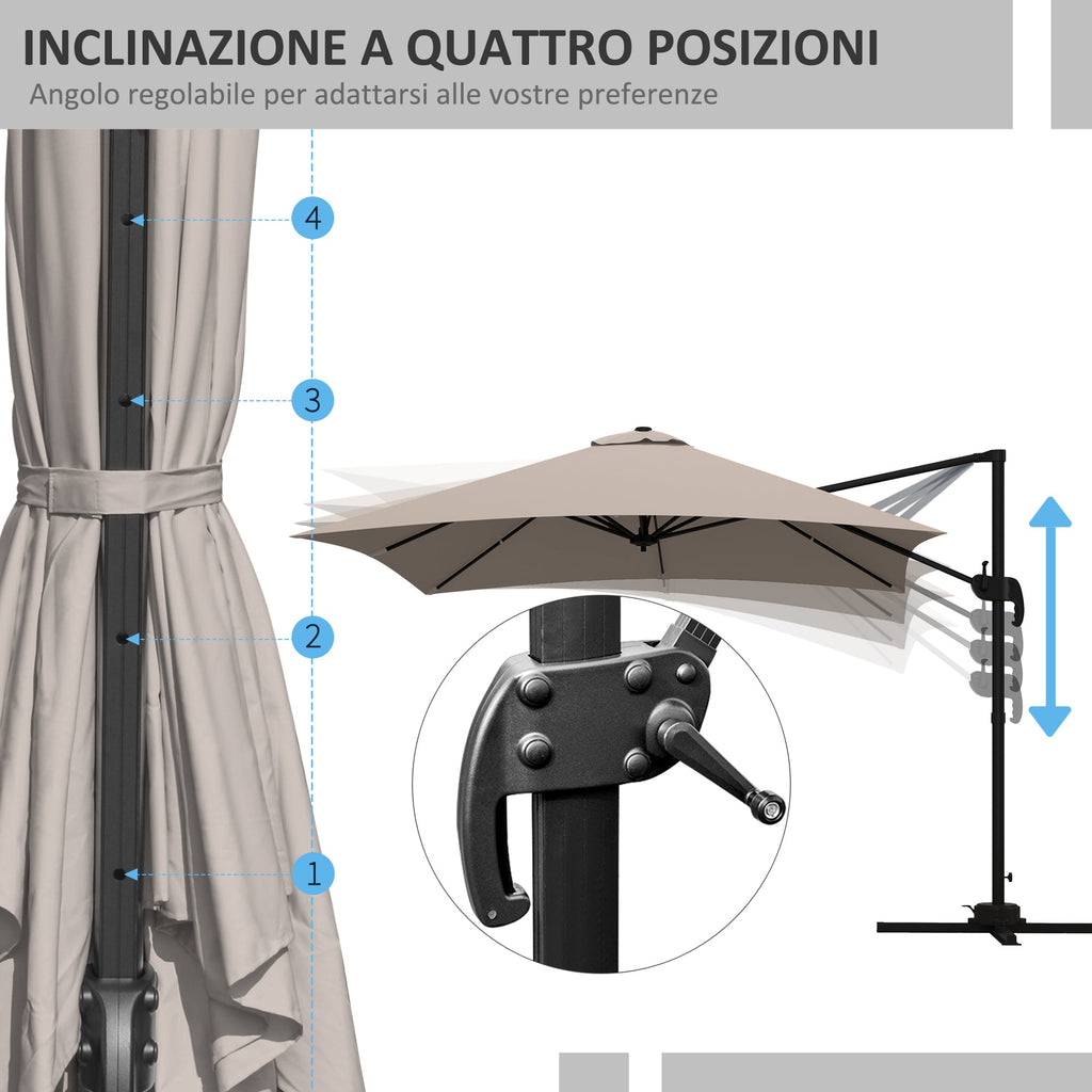EasyComfort Parasol 3x3 m zijarm met 8 baleinen, pedaal en handwiel, khaki