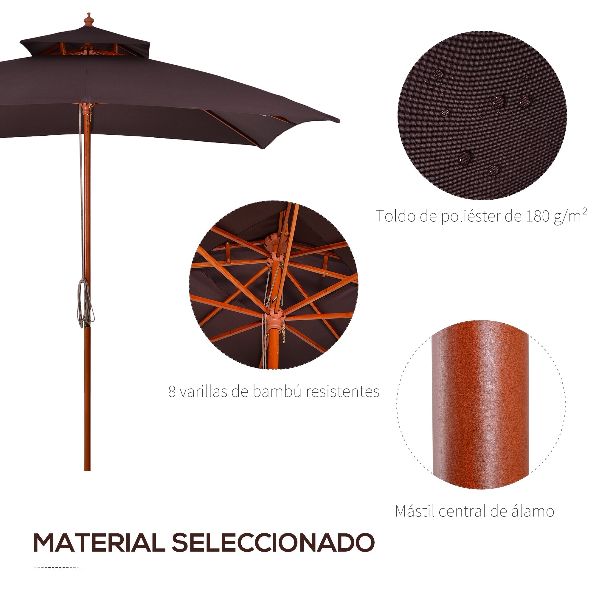 EASYCOMFORT 3x3 m Garden and Terrace Umbrella with 8 Ribs and 2-Level Parasol Cover, Brown