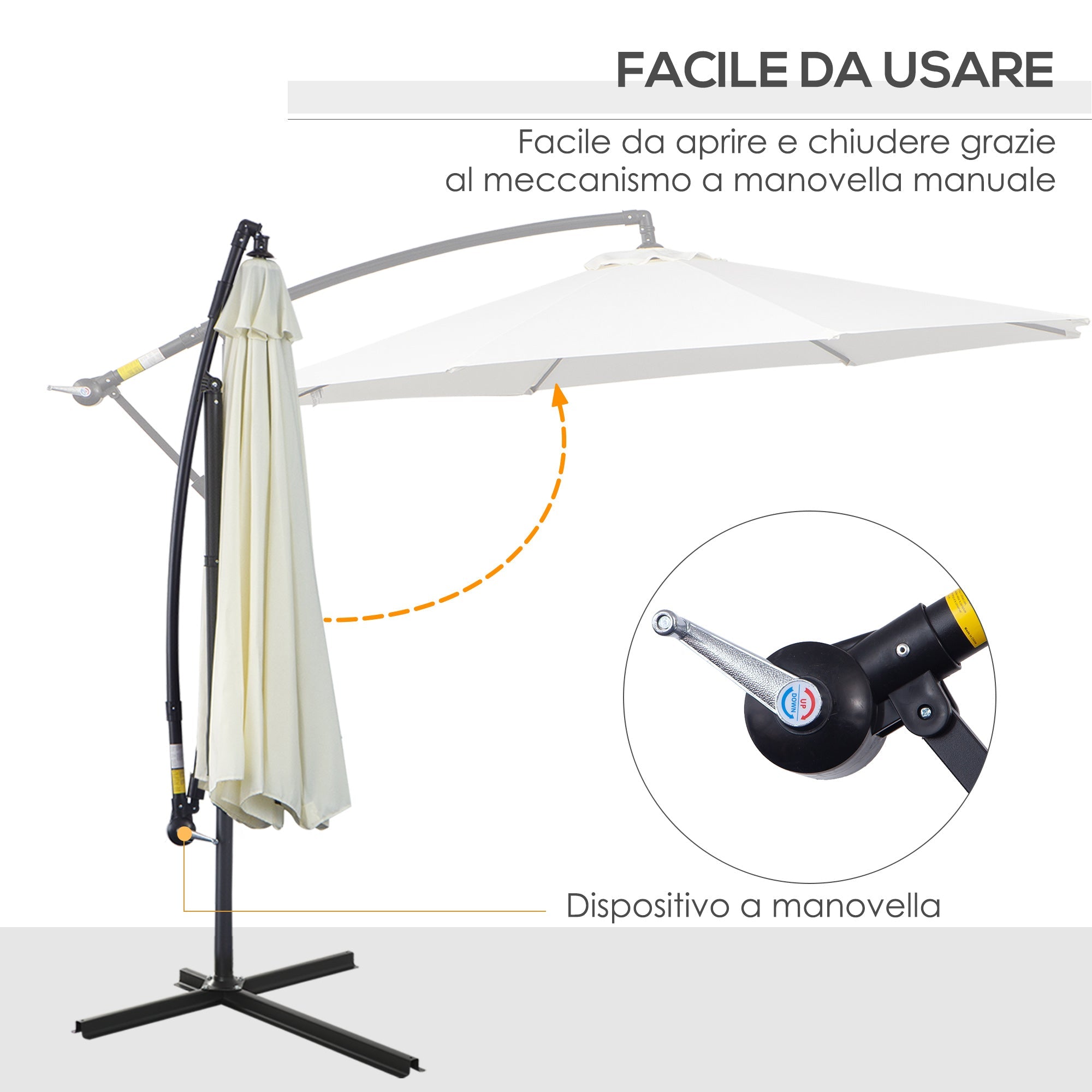 EASYCOMFORT Outdoor Umbrella 3x2.5 m with Crank, in Steel and Anti-UV Polyester, Cream