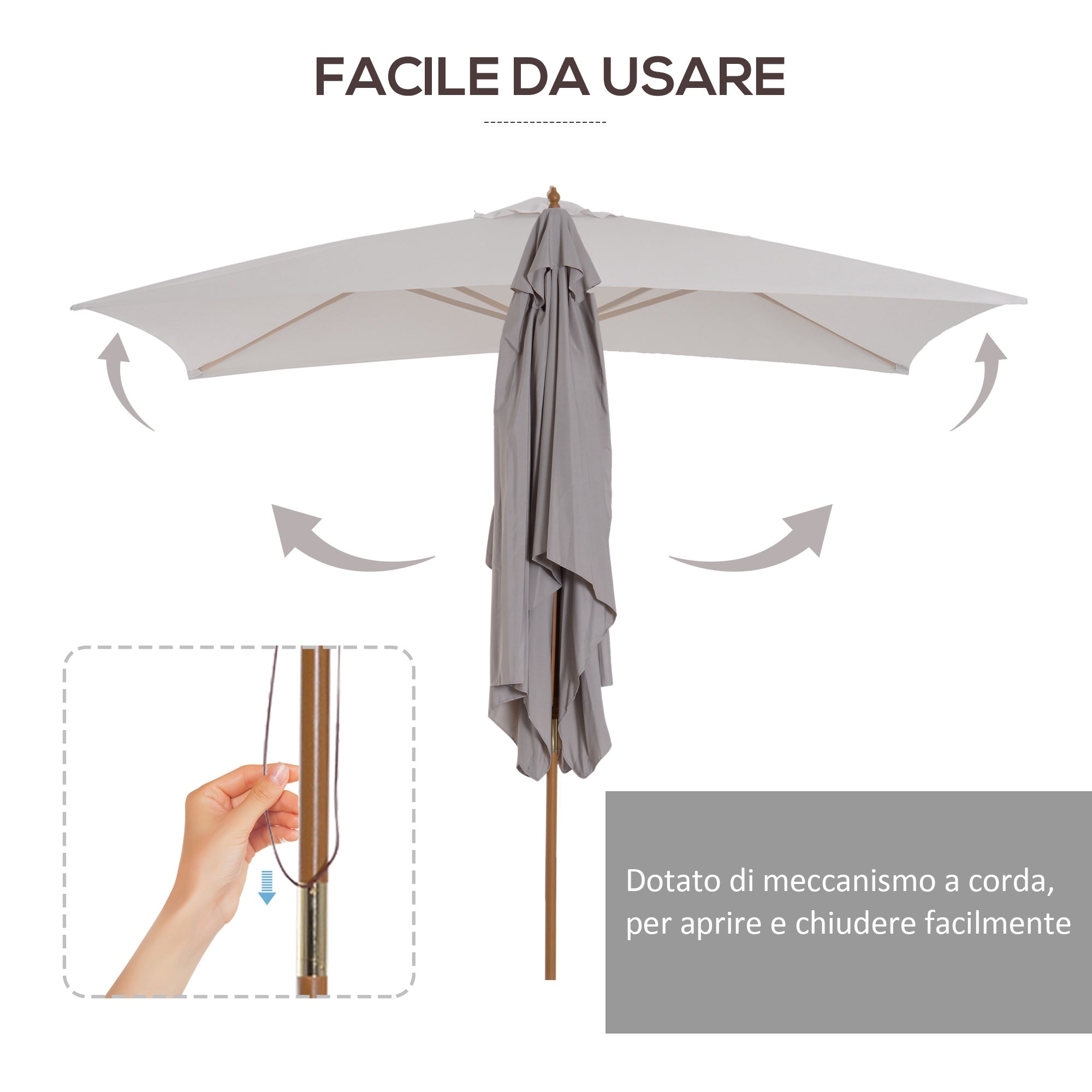 EasyComfort Ombrellone da Giardino 2x3 m Impermeabile, in Legno with Copertura Rimovibile in Poliestere, Grigio