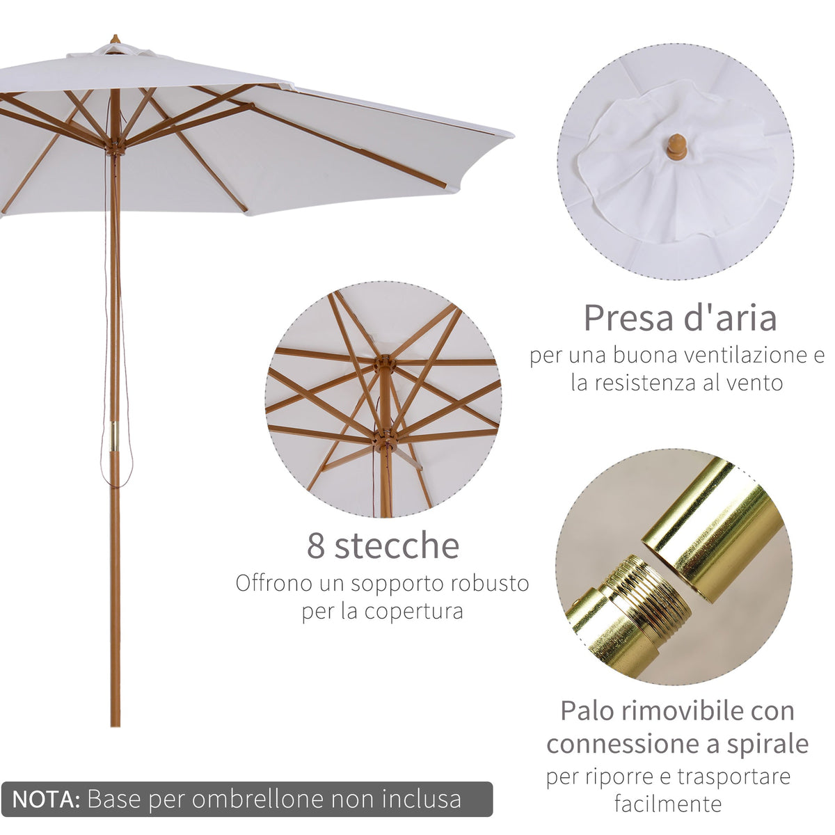 EasyComfort Garden Umbrella parasol 3*2.5m — 8-slat houten paal, crème