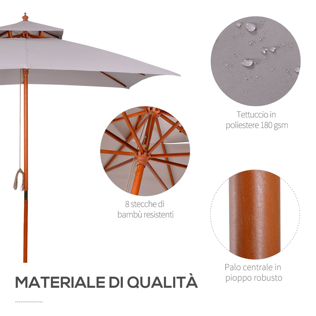 EasyComfort Ombrellone da Giardino 3x3m with 8 Stecche in Bambù e Copertura Parasole a 2 Livelli, Grigio