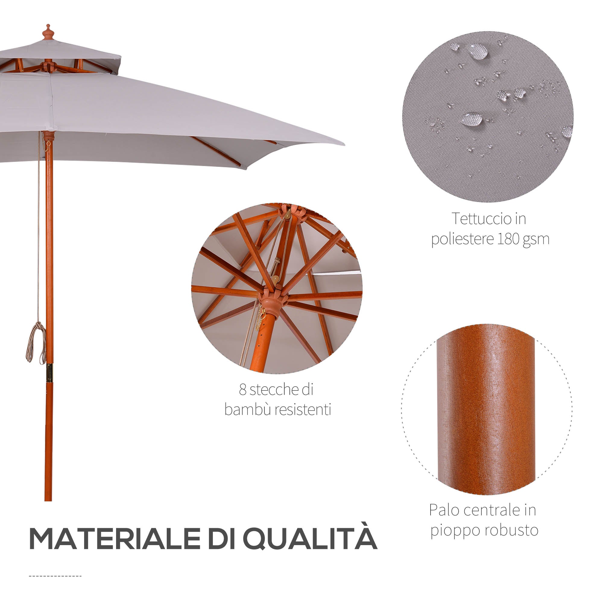 EasyComfort Ombrellone da Giardino 3x3m with 8 Stecche in Bambù e Copertura Parasole a 2 Livelli, Grigio