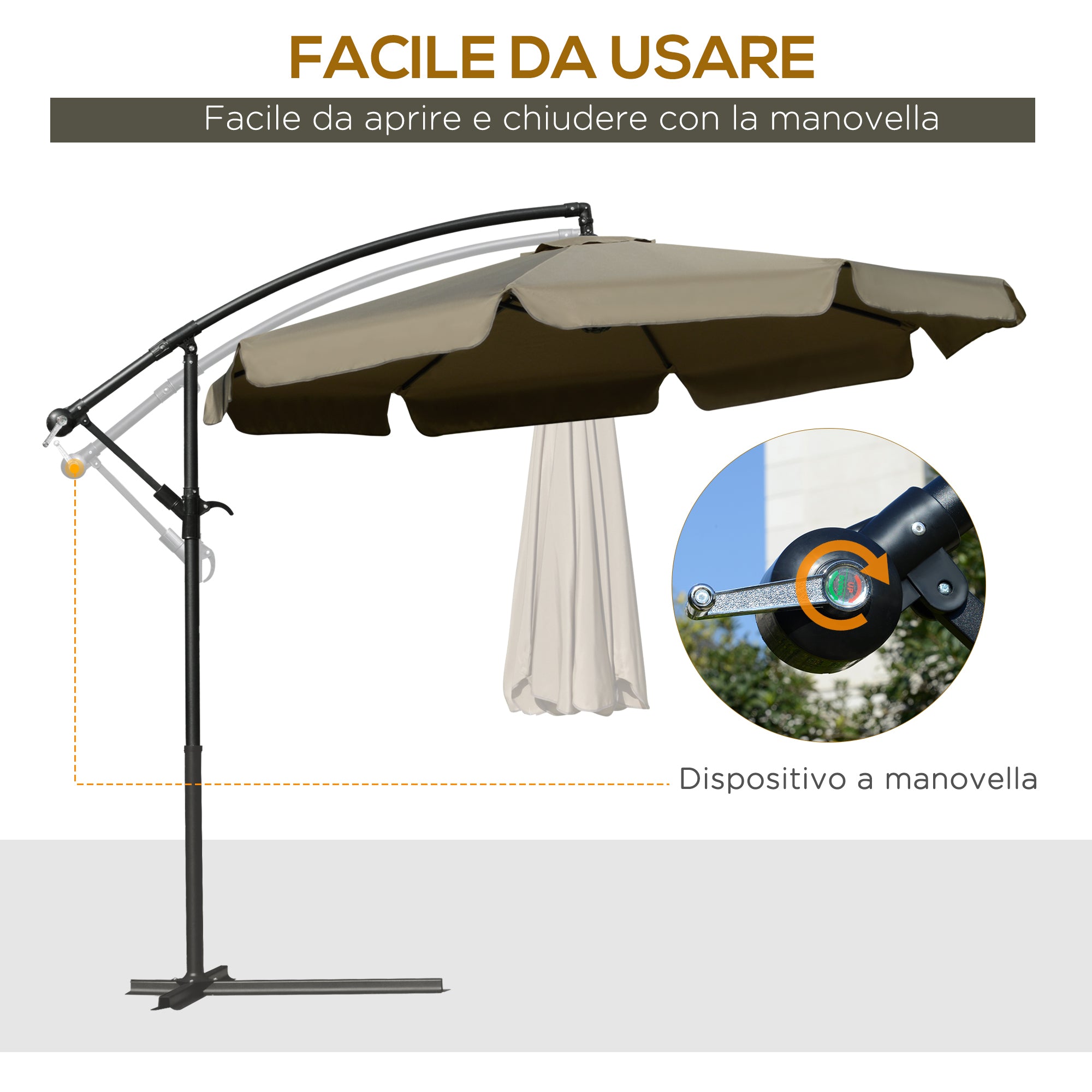 EasyComfort Ombrellone da Giardino a Braccio with Apertura a Manovella in Metallo e Poliestere, Ø2.7x2.7 m, Caffè