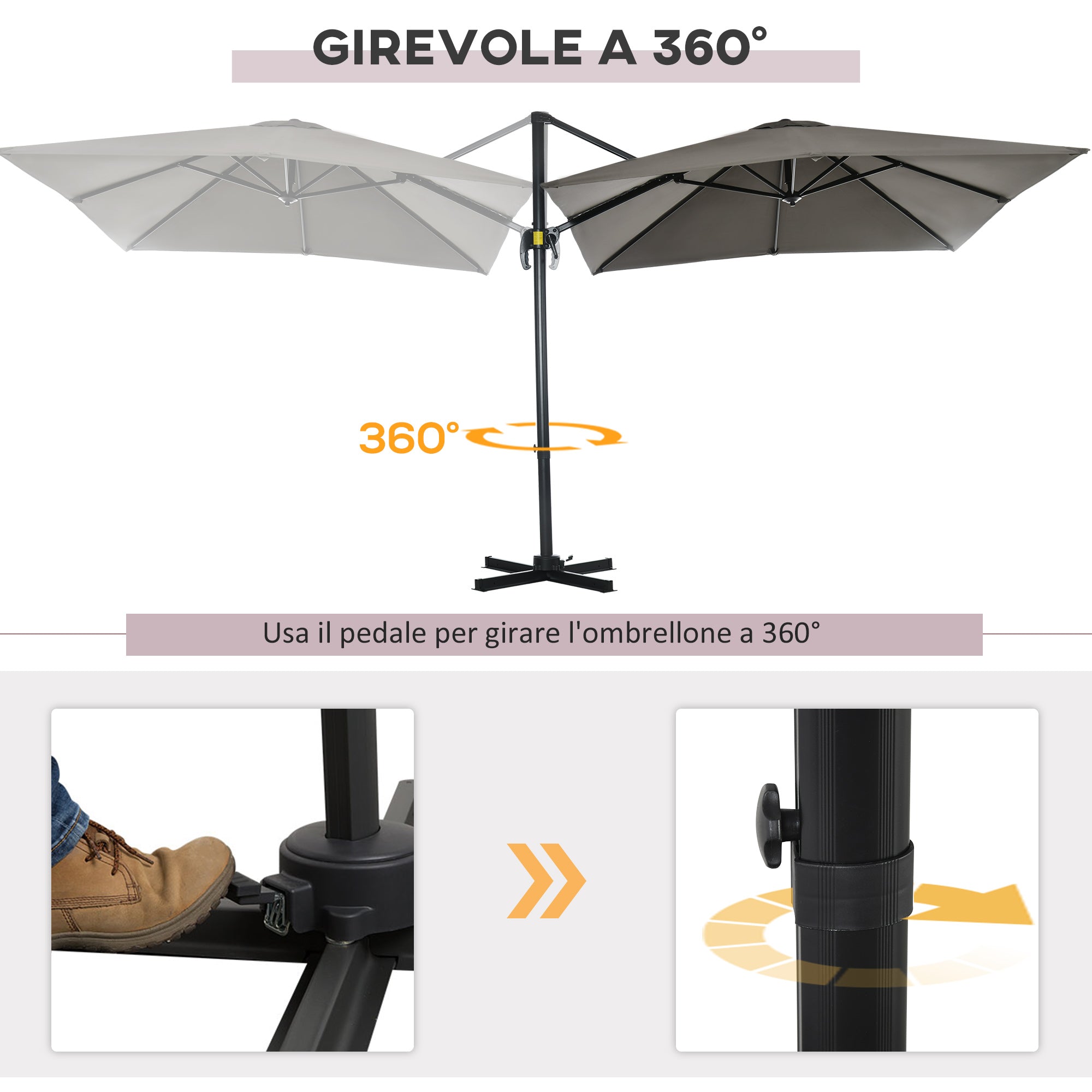 EasyComfort Ombrellone da Giardino a Manovella 2.5x2.5 m with Rotazione 360° e Parasole Regolabile, Grigio Chiaro