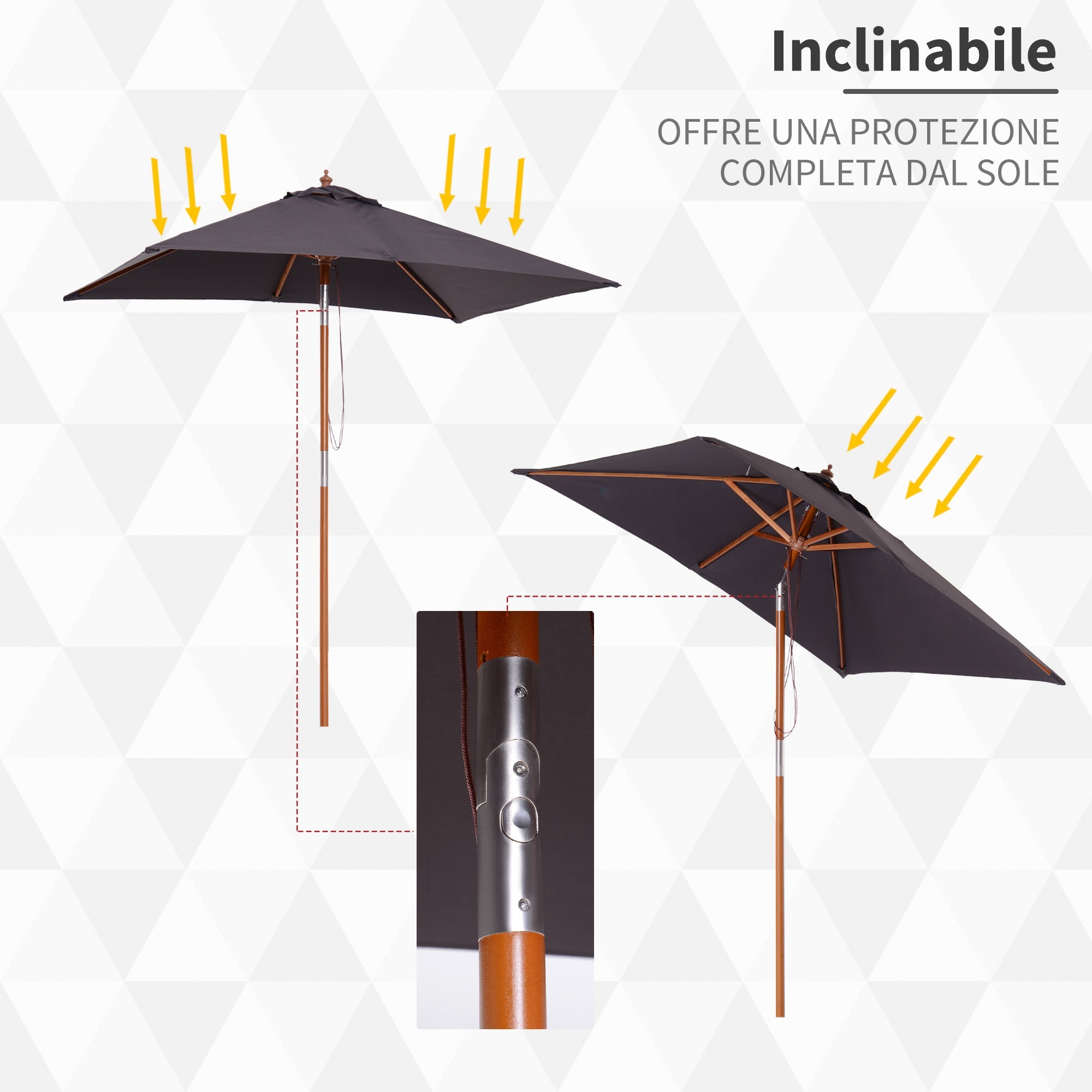 Easycomfort Ombrellone da Giardino Inclinabile 2x1.5 m with 6 Stecche e Palo in Legno di Abete, Grigio Scuro