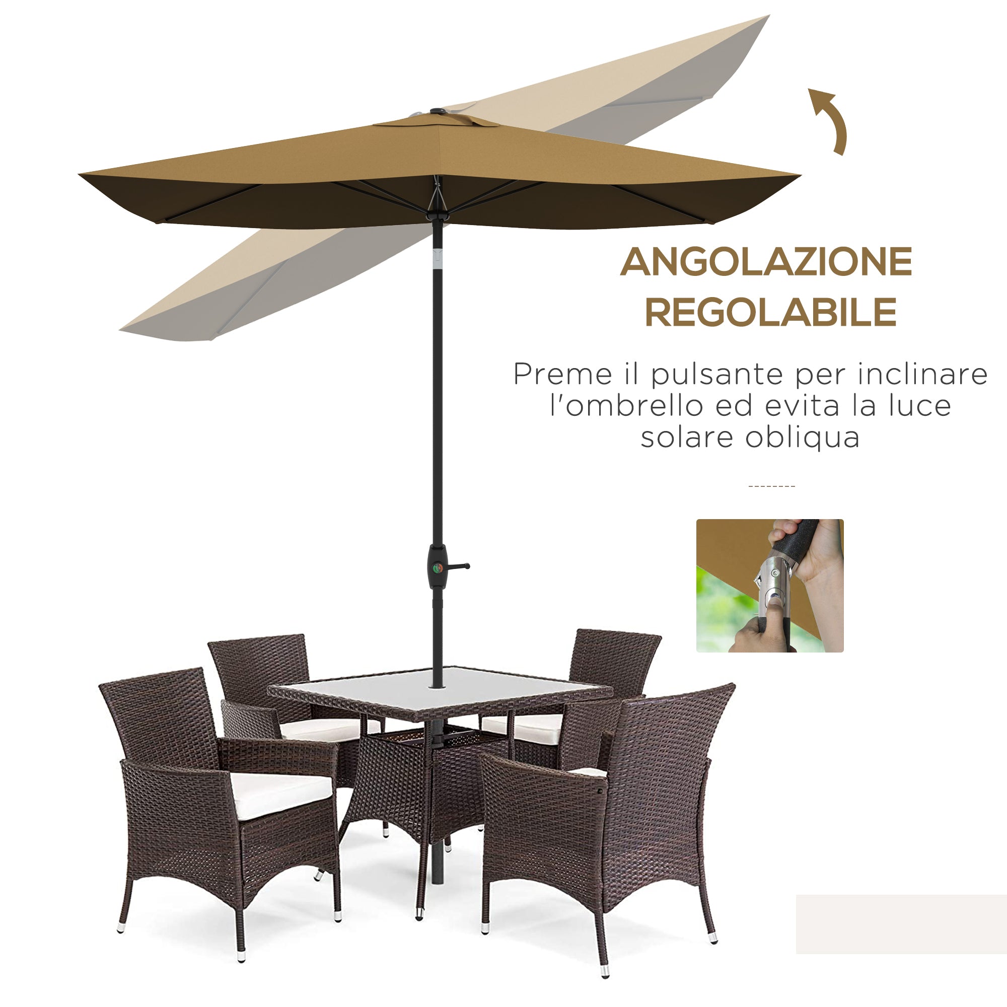 EasyComfort Tuinparasol rechthoek 3x2 m met slinger en kantelbaar, koffie