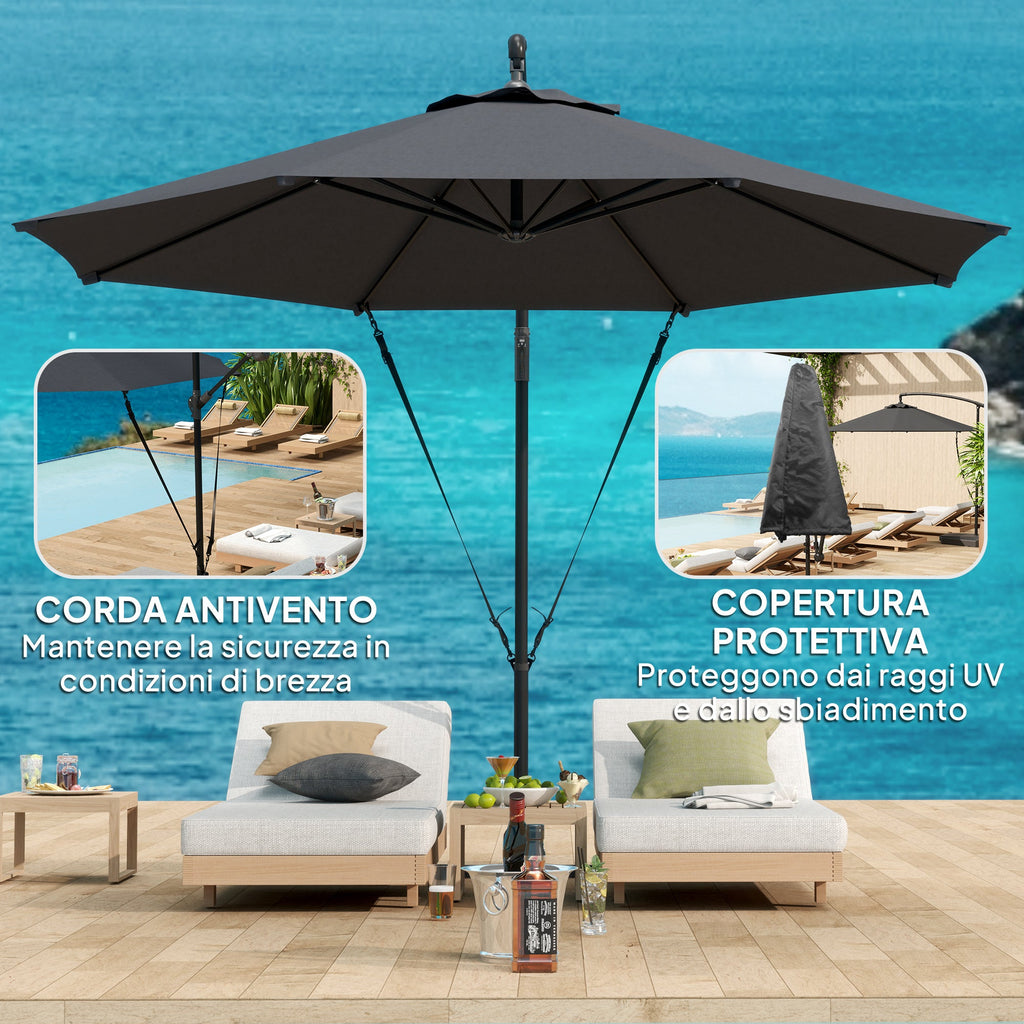 EasyComfort Ombrellone da Giardino Rotondo Inclinabile e Girevole, Manovella e Protezione UPF 50+, Ø3 m, Grigio Scuro