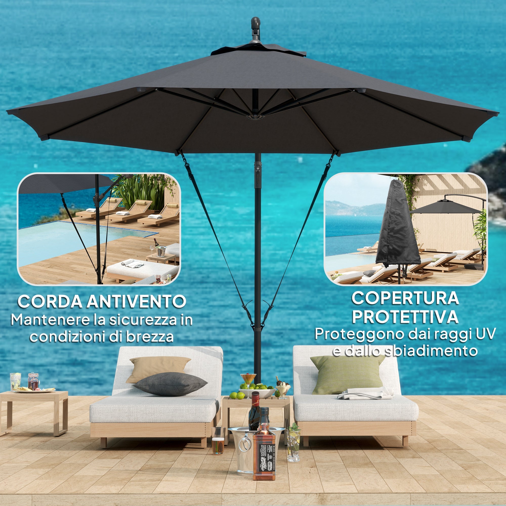 EasyComfort Ombrellone da Giardino Rotondo Inclinabile e Girevole, Manovella e Protezione UPF 50+, Ø3 m, Grigio Scuro