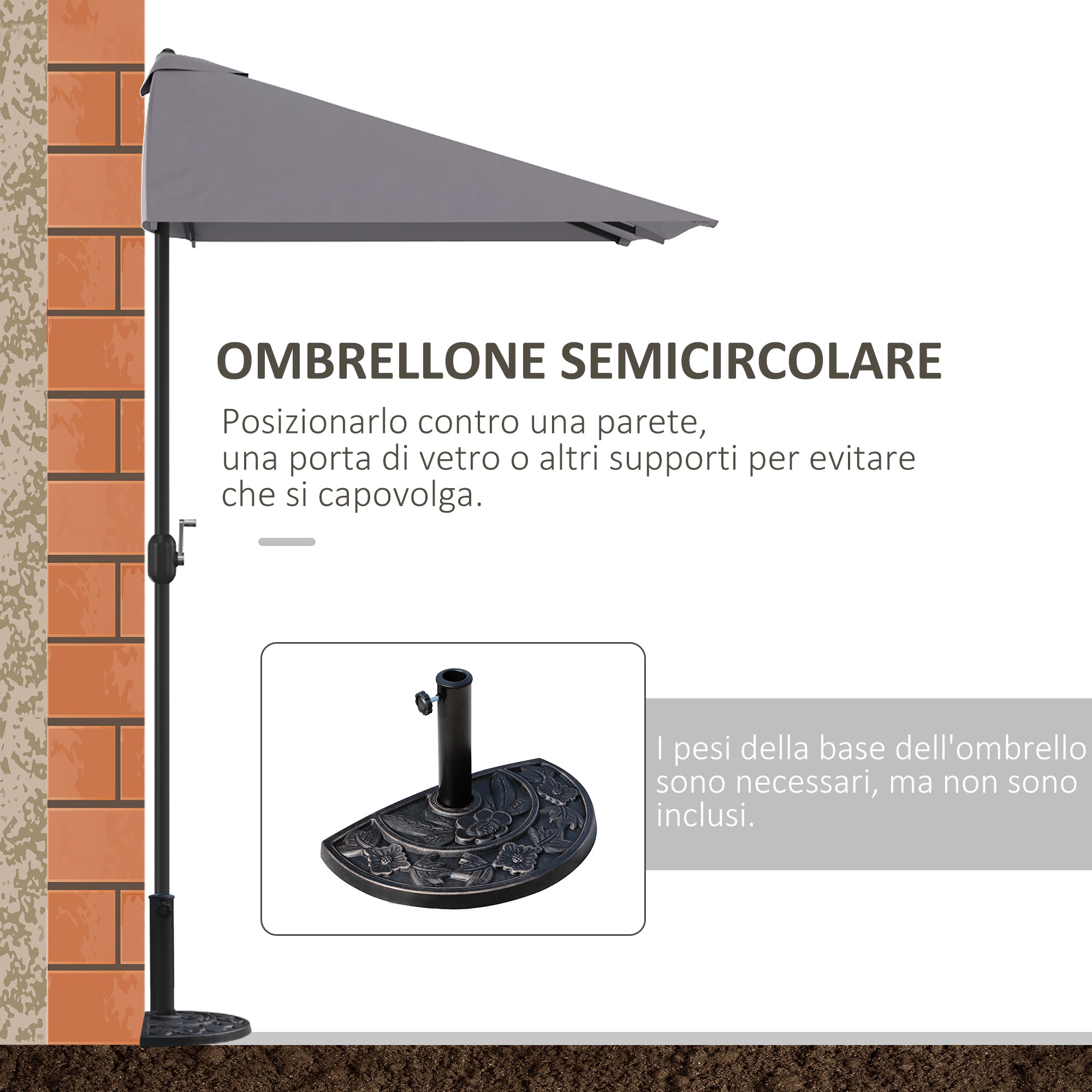 EasyComfort Ombrellone da Parete Mezzaluna Salvaspazio with Apertura a Manovella, Grigio