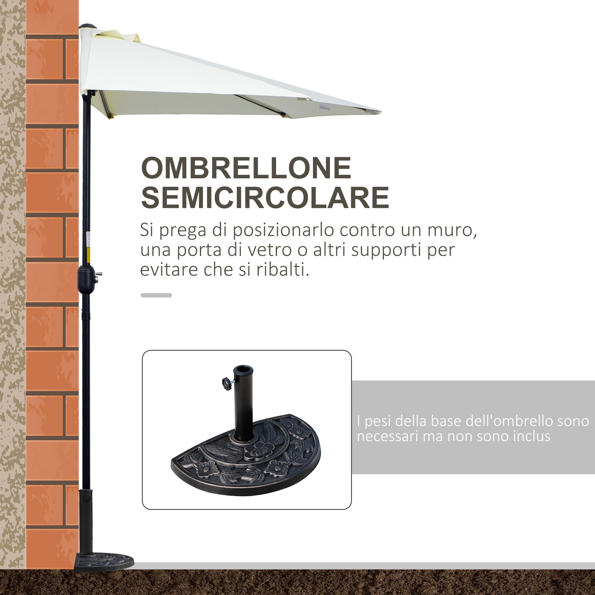 EasyComfort Ombrellone da Terrazza a Mezzaluna with Apertura a Manovella e Palo a 2 Sezioni, 2.6x1.35 m, Beige