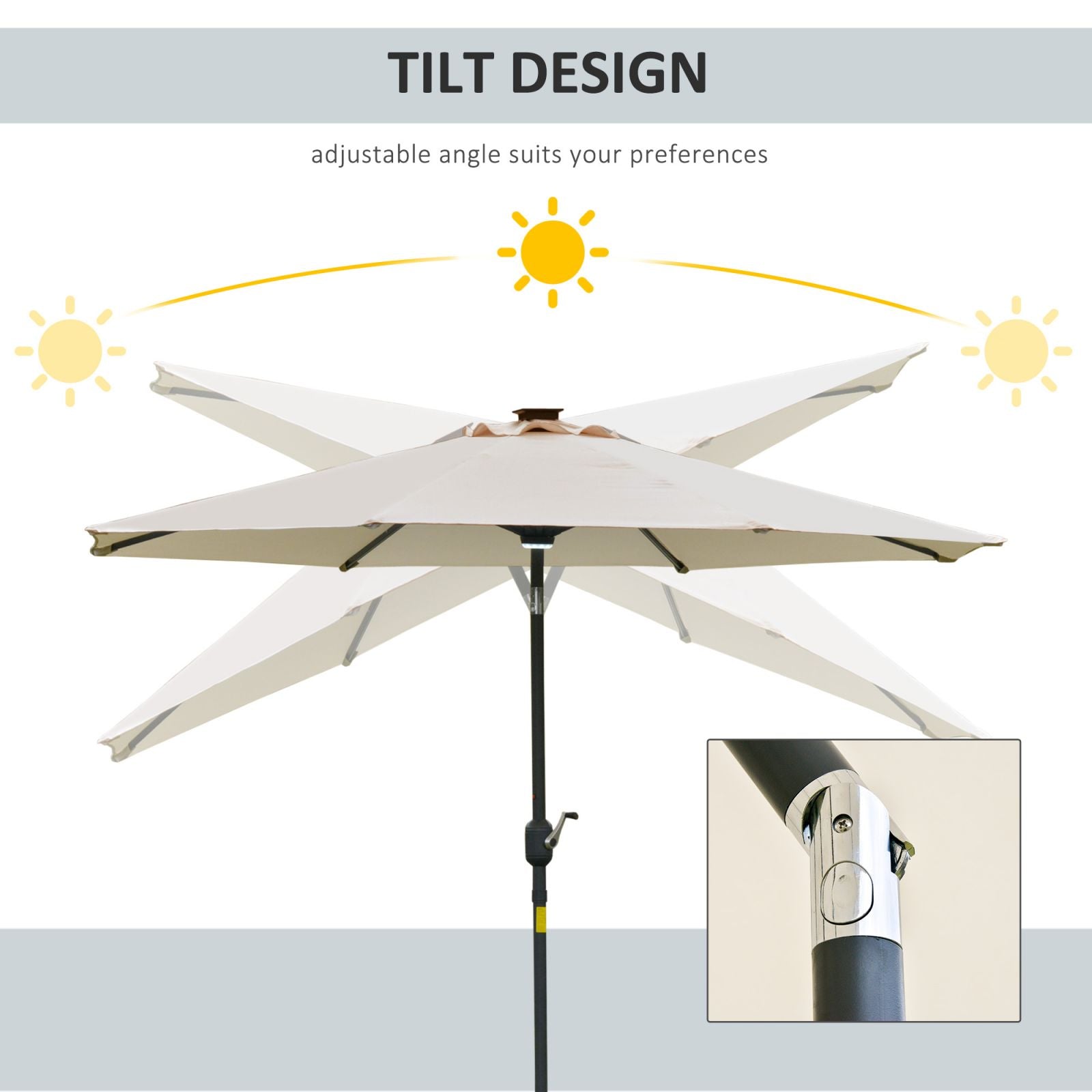 EASYCOMFORT Tilting Umbrella with Crank Opening, LED Lights and Solar Panel, Cream White Φ266x245cm