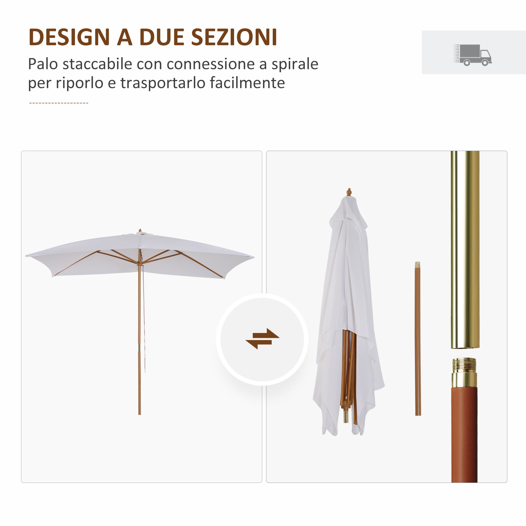 EasyComfort Ombrellone m da Giardino 2x3 in Legno Laccato with Copertura Rimovibile, white