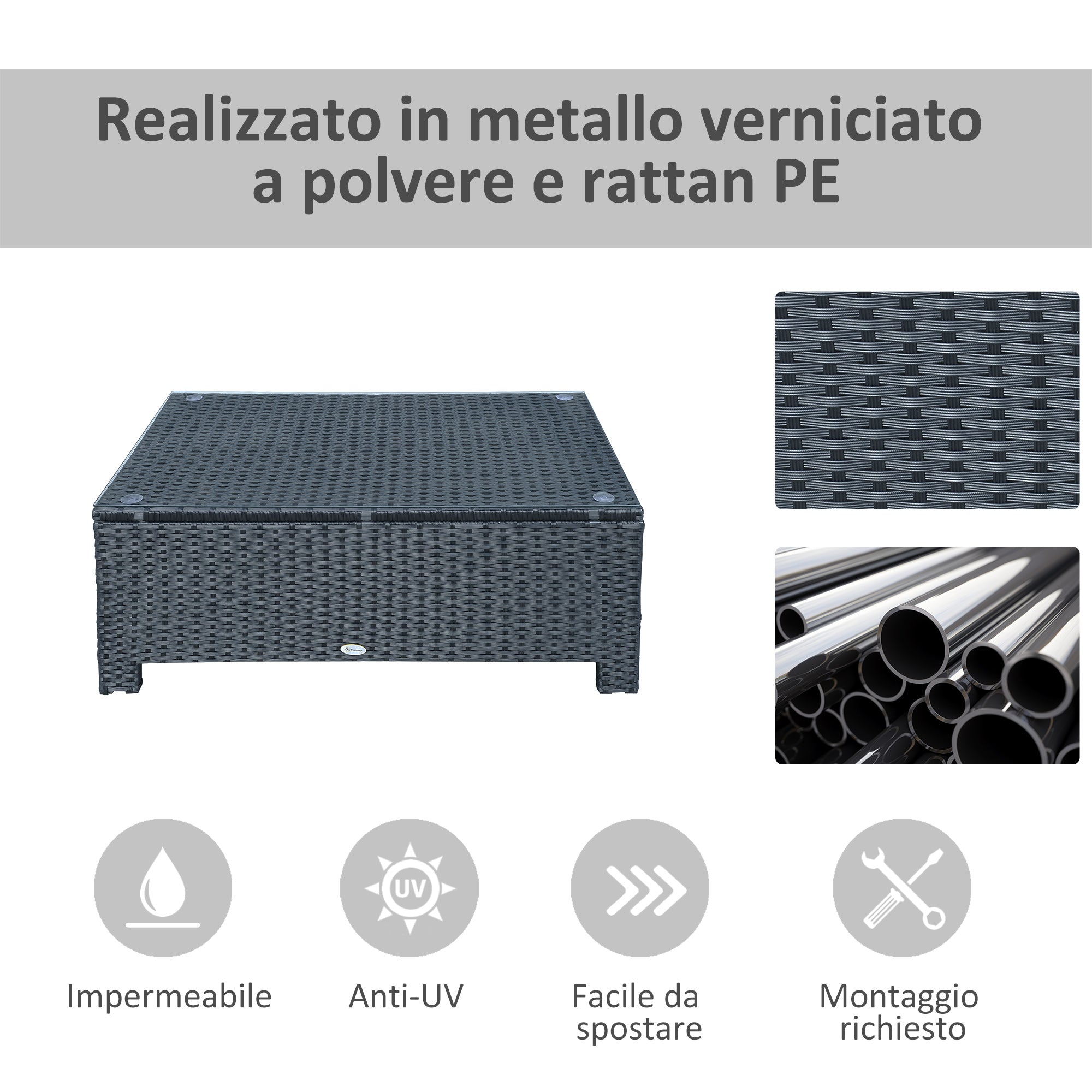 EasyComfort Ousunny Tavolino da Esterni in Rattan PE with Piano in Vetro Temperato, 85x50x39cm, black