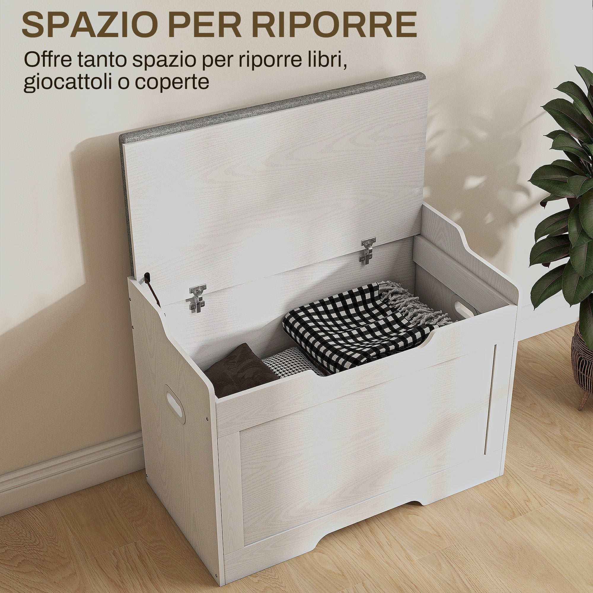EasyComfort Panca Contenitore da 103L Multifunzione in Legno with Cuscino in Tessuto, 75x40x56cm, white