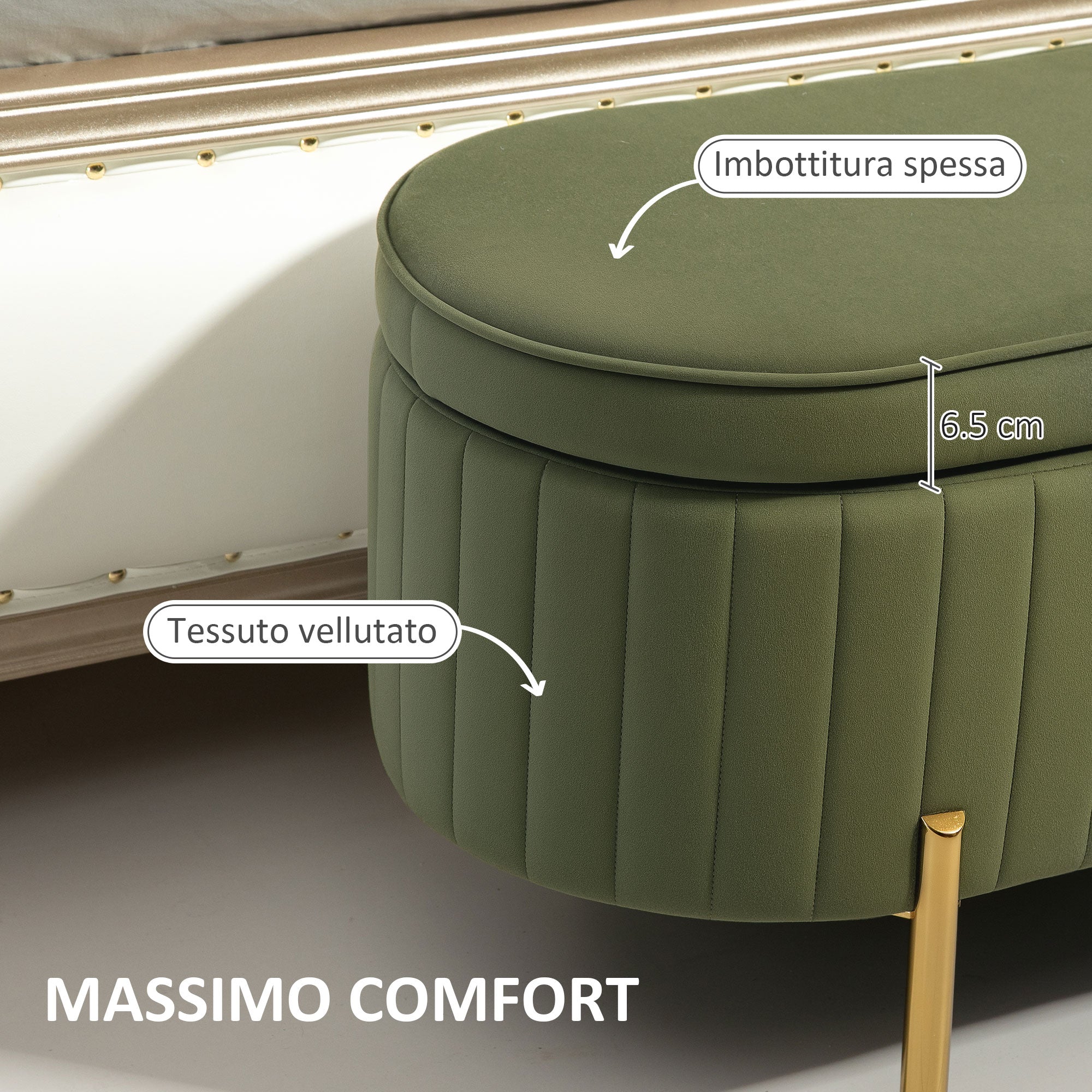 EasyComfort Panca Contenitore Ovale da 72L with Coperchio Sollevabile, in Tessuto Effetto Velluto e Legno, 108x44x43.5 cm, Verde