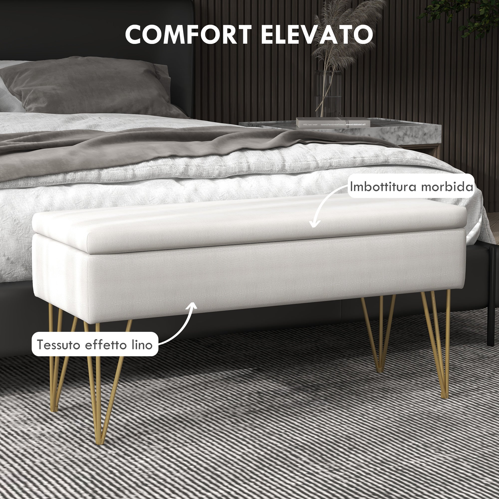EasyComfort Panca Fondo Letto with Contenitore in Tessuto e Gambe in Acciaio, 100x40x49cm, Crema