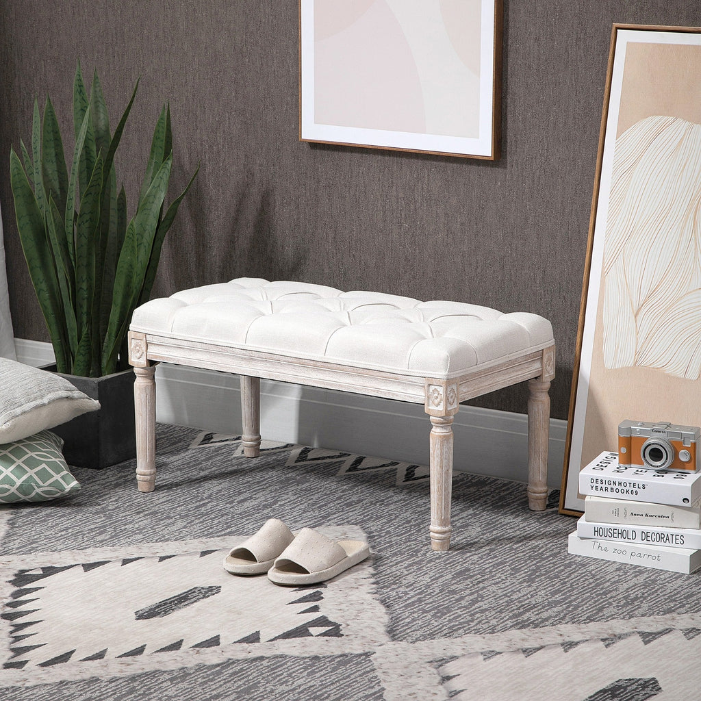 Easycomfort Panca Fondo Letto Imbottita with Rivestimento Effetto Lino e Gambe in Legno, 80x40x41cm, Beige