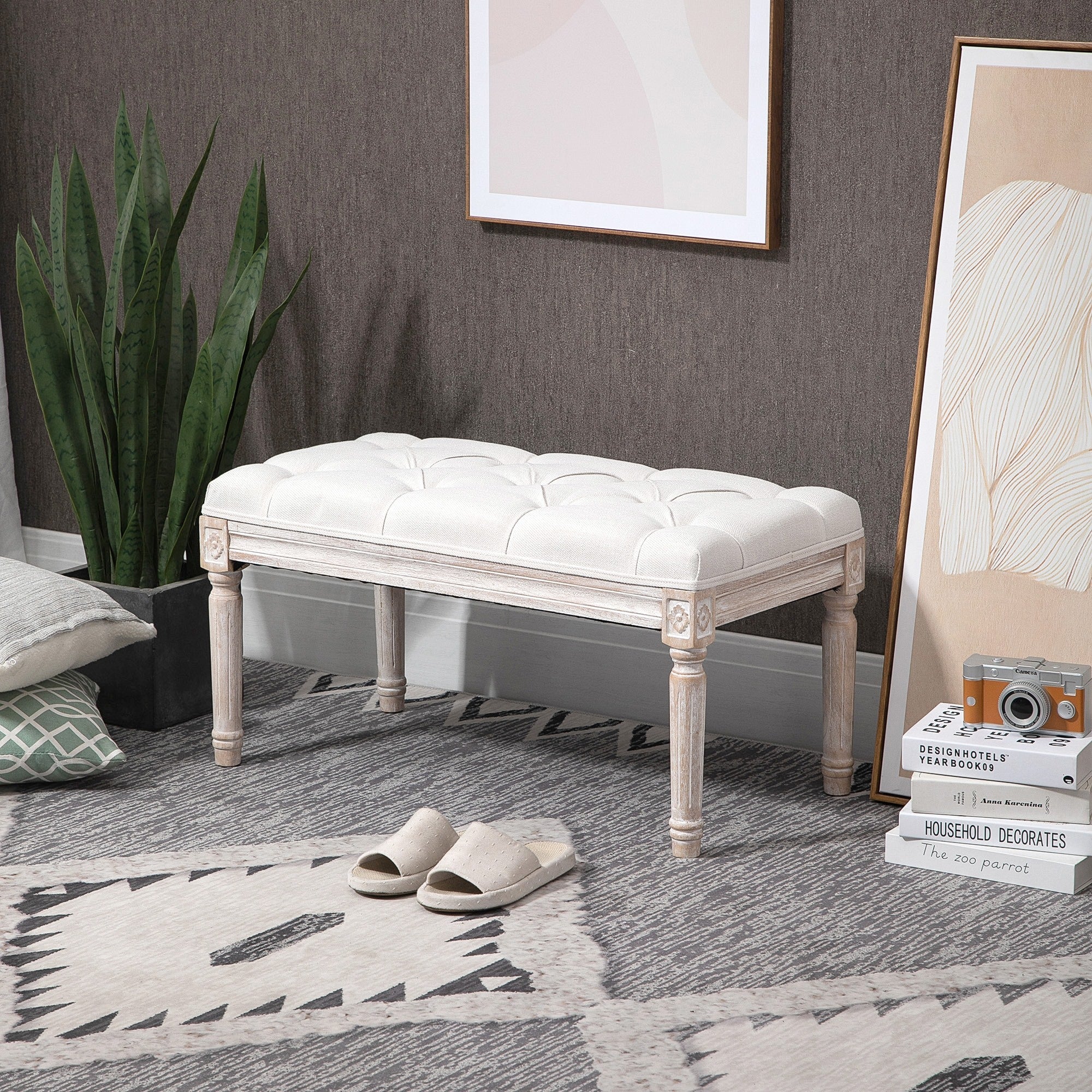 Easycomfort Panca Fondo Letto Imbottita with Rivestimento Effetto Lino e Gambe in Legno, 80x40x41cm, Beige