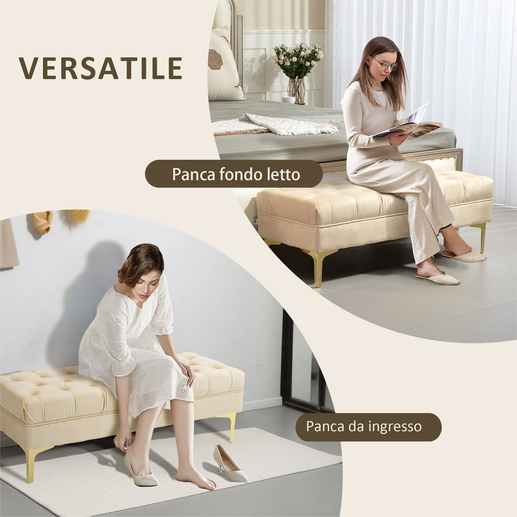 EasyComfort Panca Fondo Letto Imbottita with Rivestimento Trapuntato in Tessuto Effetto Velluto, 118x45x42 cm, Beige