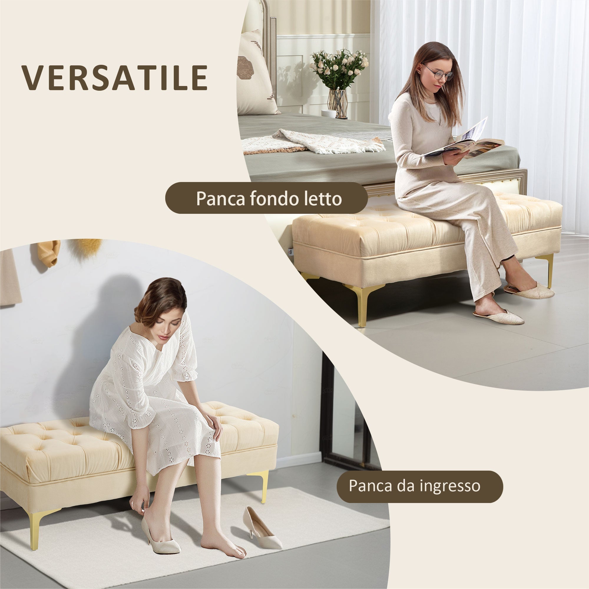EasyComfort Panca Fondo Letto Imbottita with Rivestimento Trapuntato in Tessuto Effetto Velluto, 118x45x42 cm, Beige