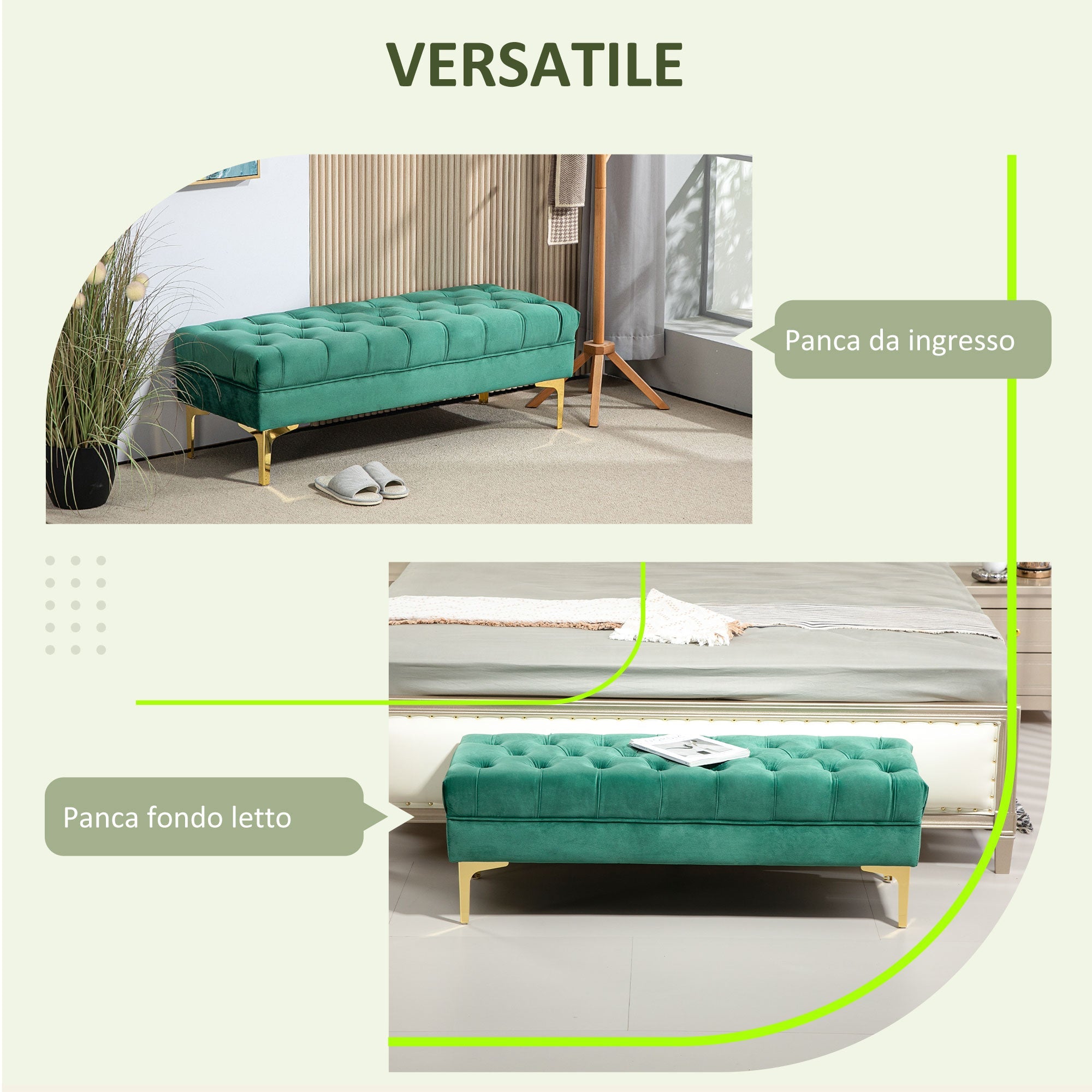 EasyComfort Panca Fondo Letto Imbottita with Rivestimento Trapuntato in Tessuto Effetto Velluto, 118x45x42 cm, Verde Scuro
