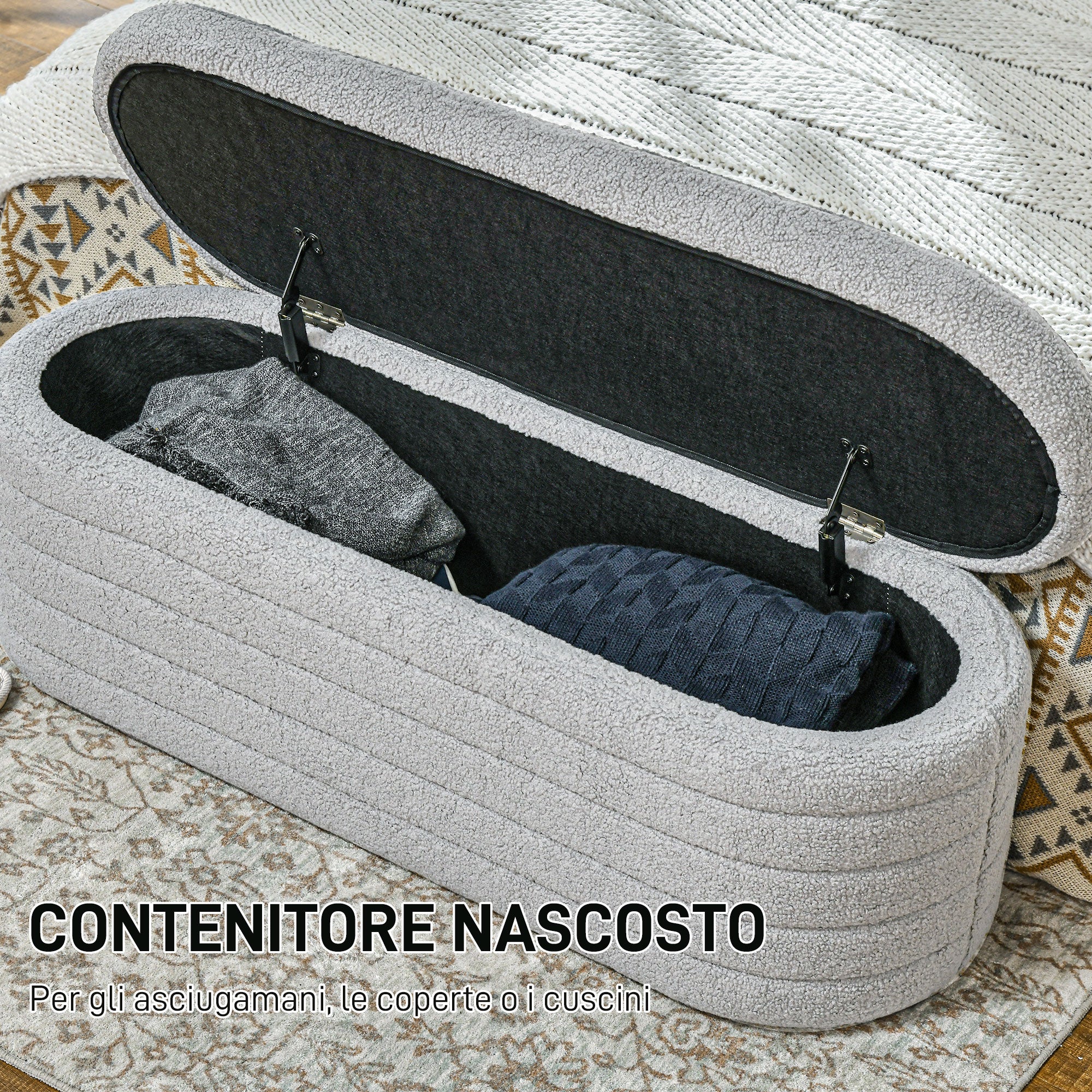 EasyComfort Panca Fondo Letto in Tessuto Teddy with Vano Contenitore, 116x41x40.5cm, Grigio Chiaro