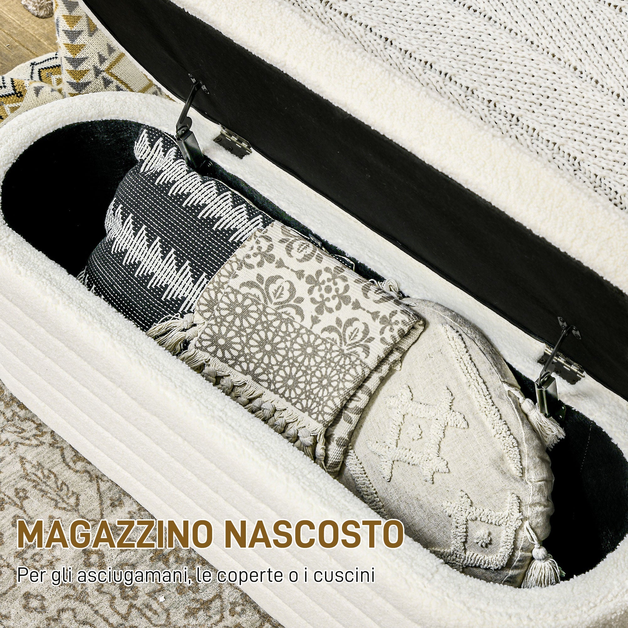 EasyComfort Panca Fondo Letto in Tessuto Teddy with Vano Contenitore per Ingresso e Camera, 116x41x40.5cm, Crema