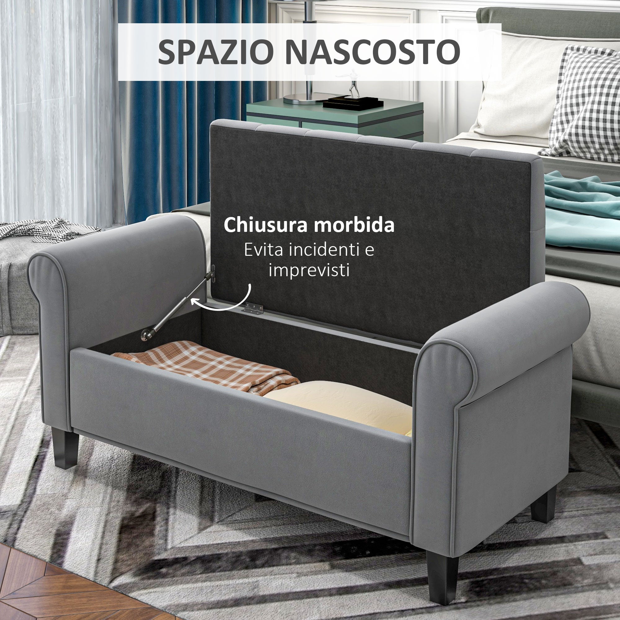Easycomfort Panca Fondo Letto in Tessuto Vellutato with Spazio Portaoggetti e Braccioli, 126x48.5x57 cm, Grigio