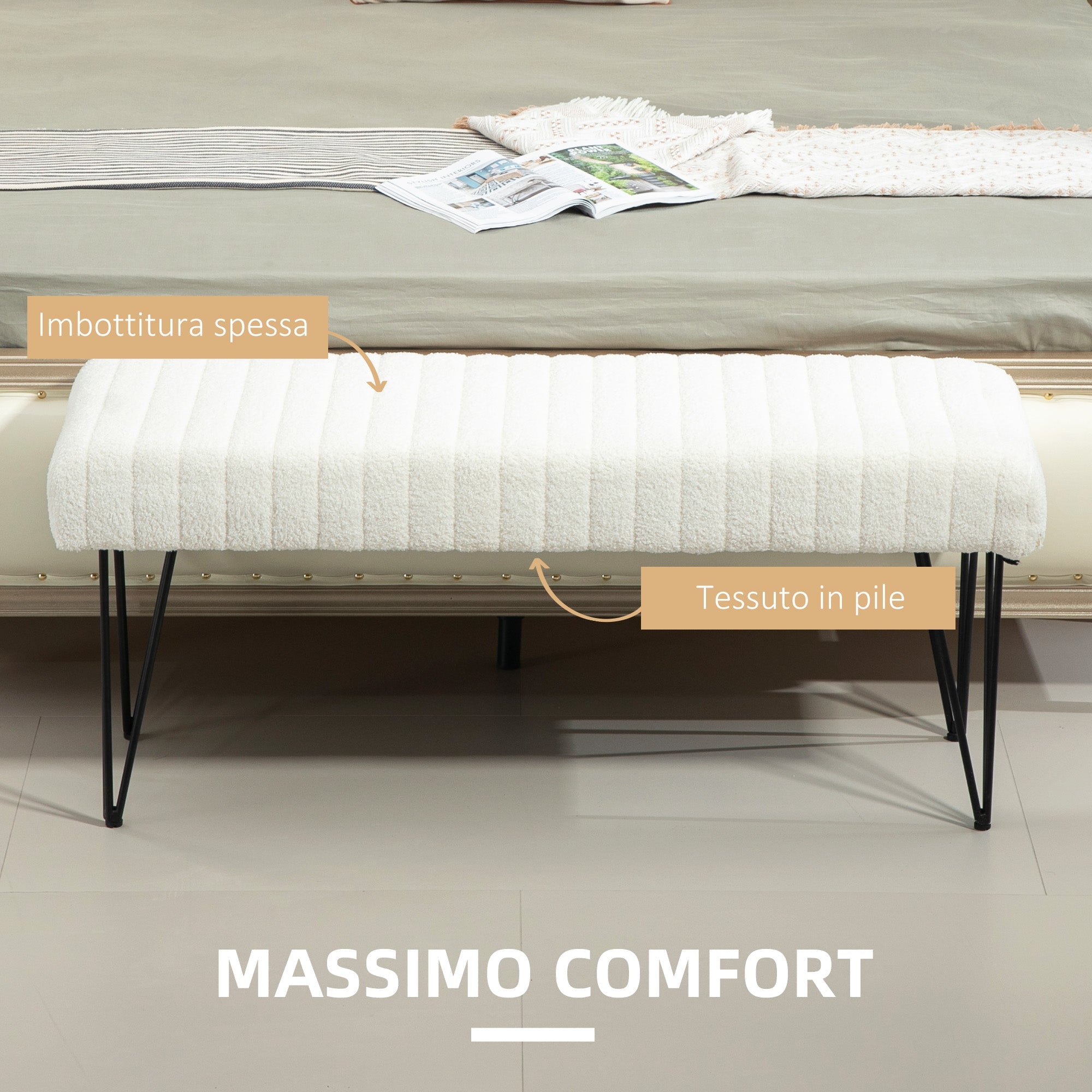 EasyComfort Panca Fondoletto Moderna with Gambe a Forcina, in Tessuto Effetto Ciniglia, Legno e Metallo, 118.5x46x49.5 cm, Crema