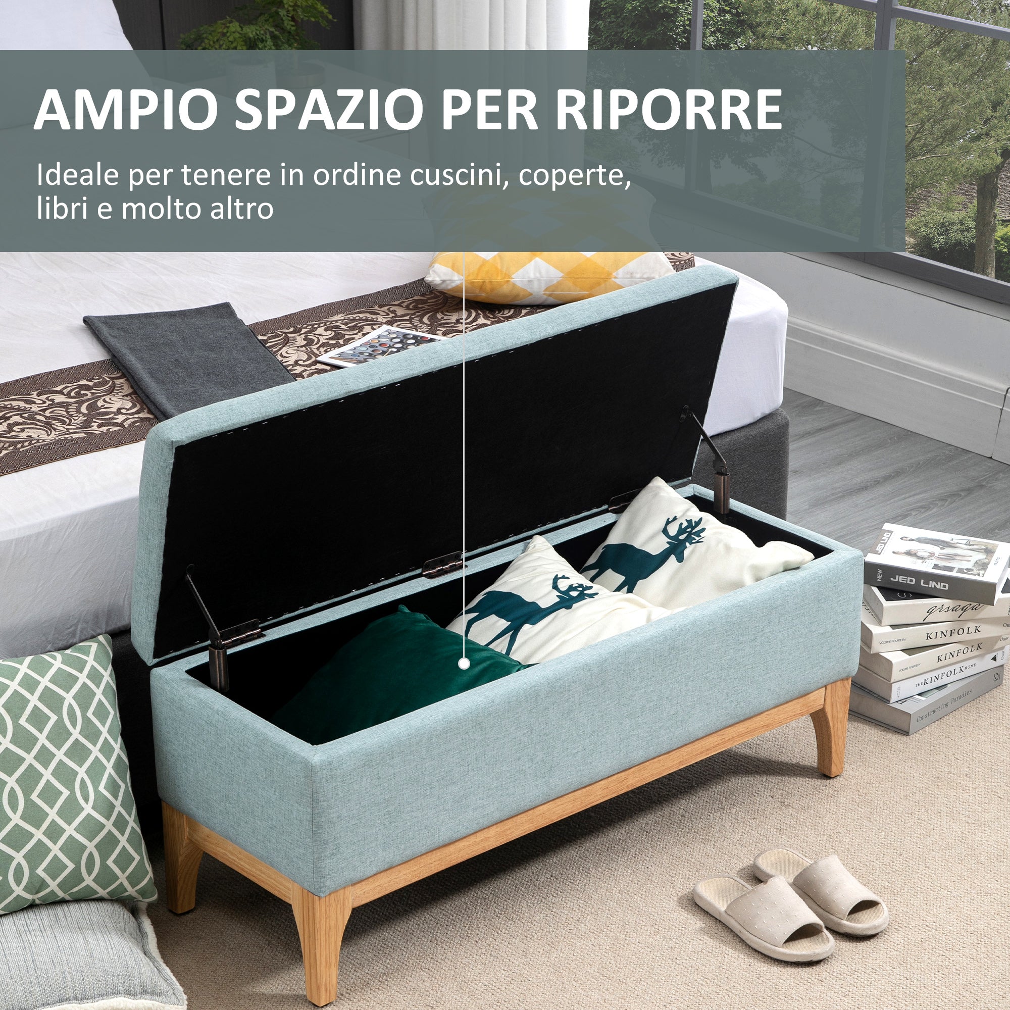 Easycomfort Panca Imbottita Contenitore in Tessuto with Design Scandinavo, 110x39x45Acm - Azzurro