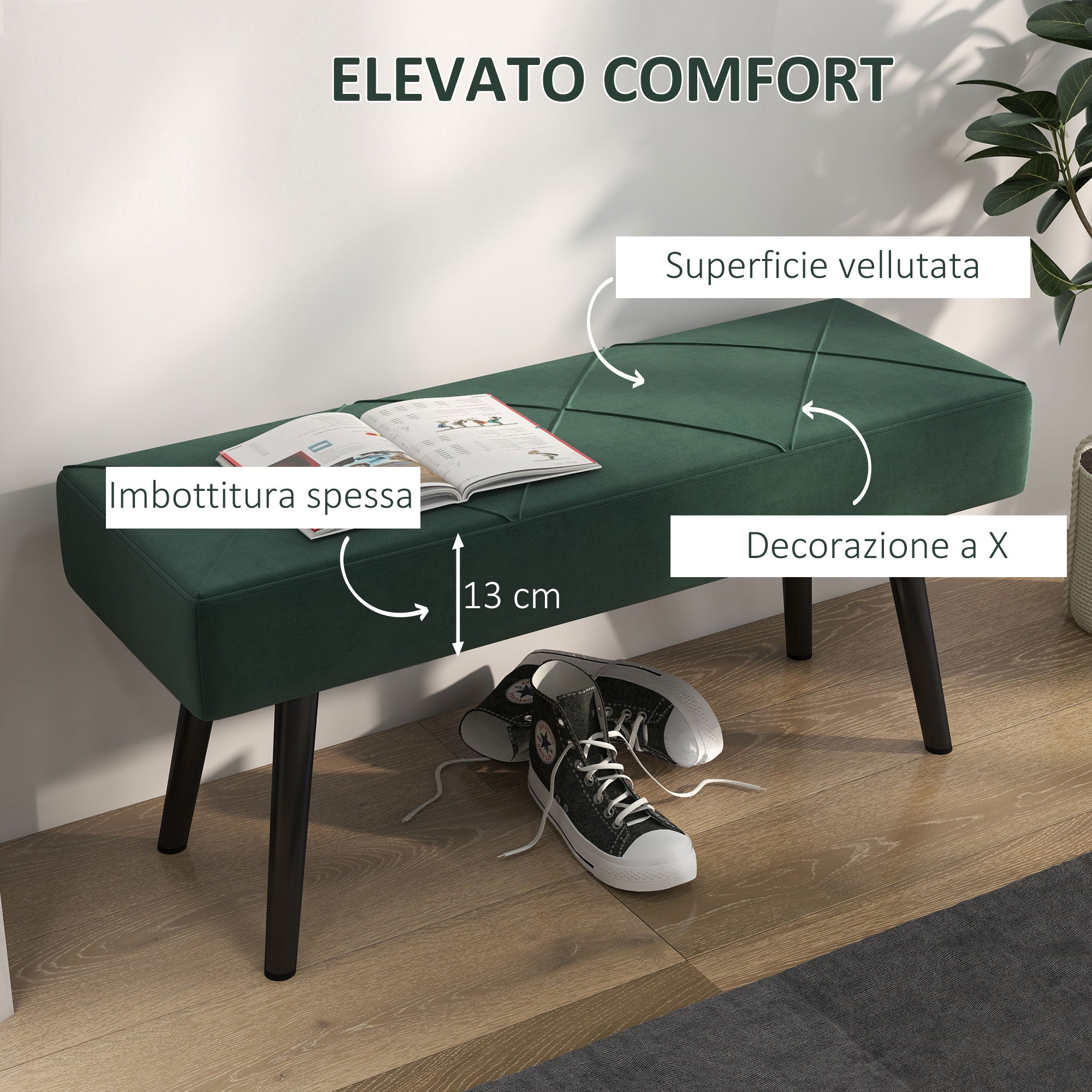 EasyComfort Panca Imbottita Fondoletto in Tessuto Effetto Velluto e Acciaio, 100x36x45 cm, Verde e black