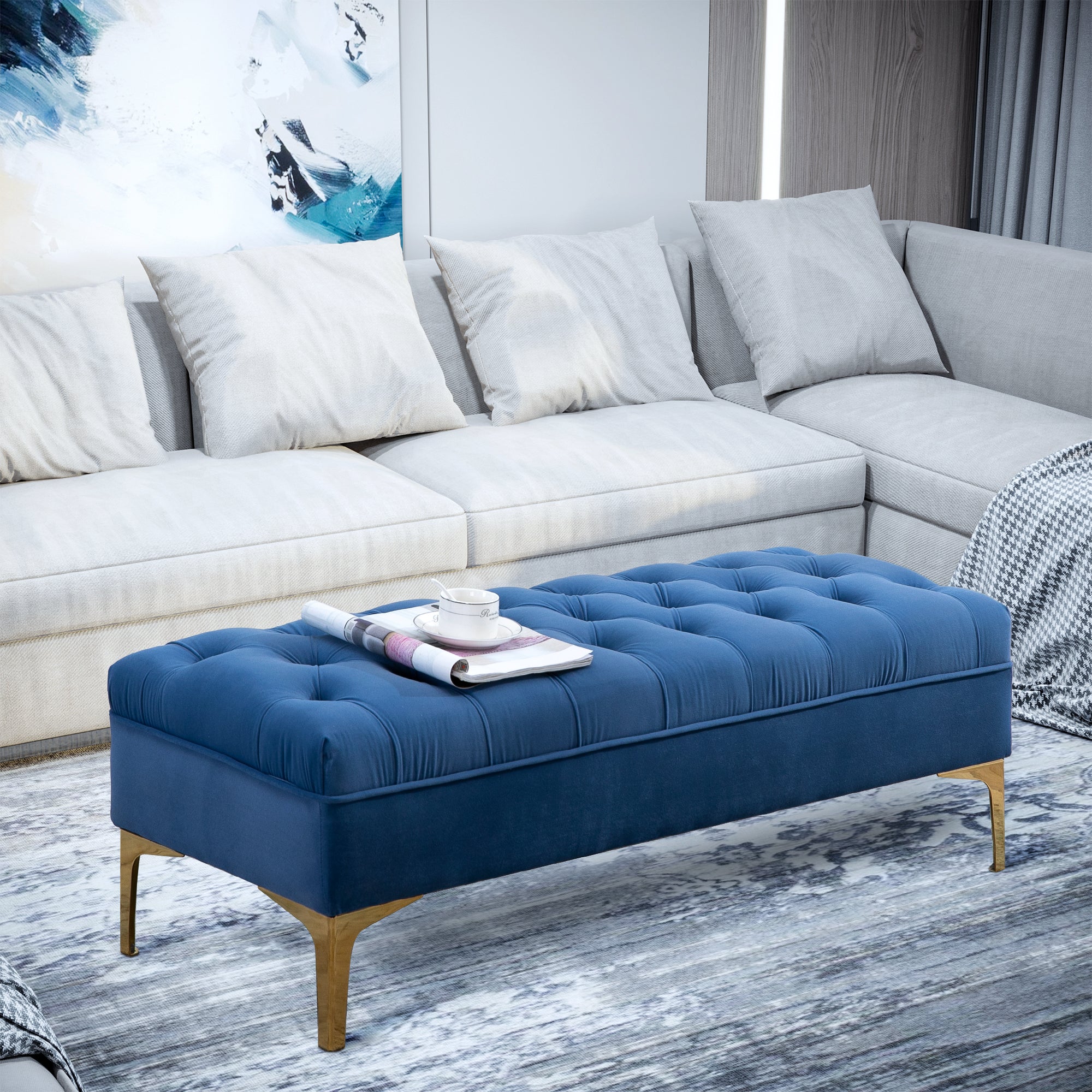 Easycomfort Panca Imbottita Fondoletto in Tessuto Vellutato e Base in Metallo Dorato, 118x45x42 cm, Blu