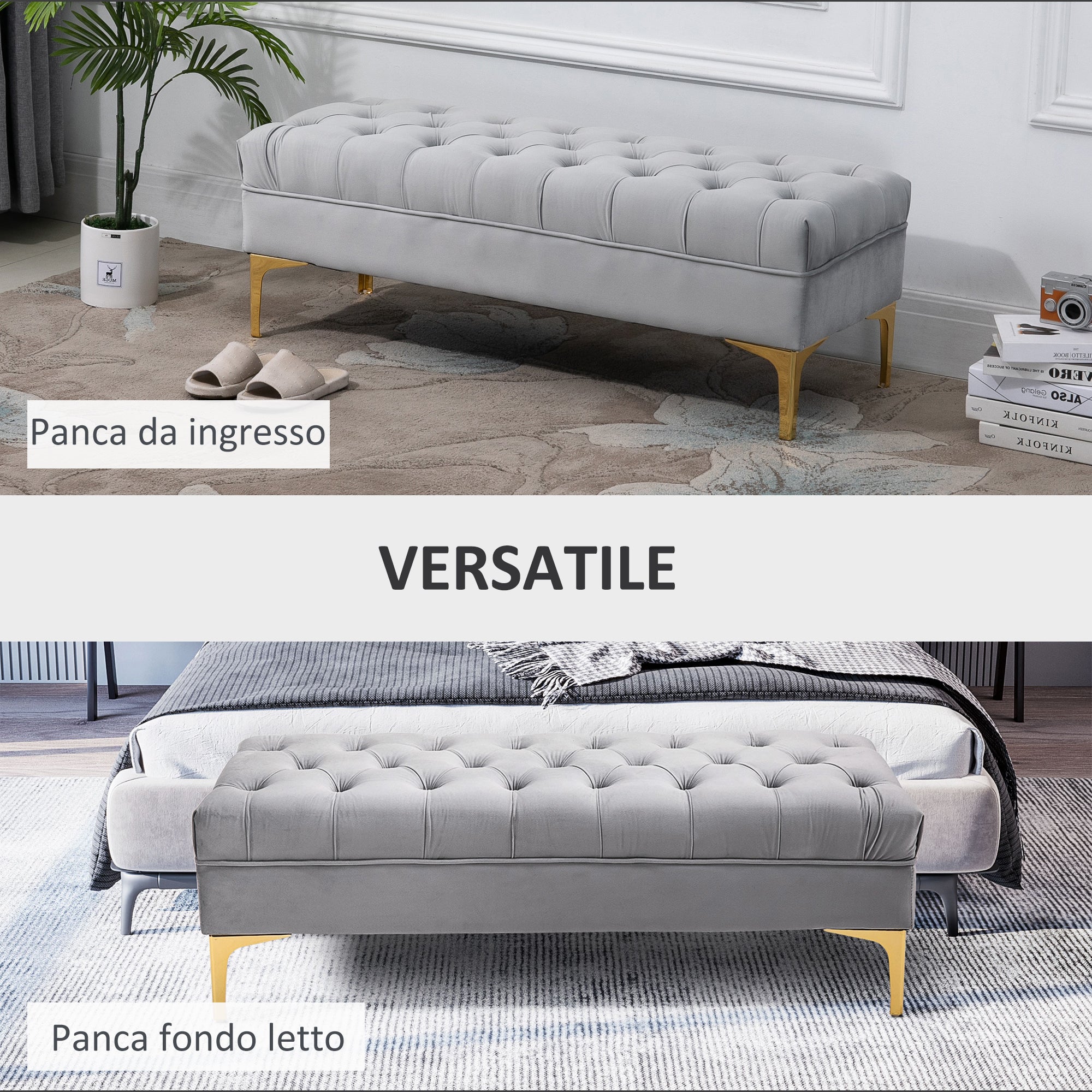 Easycomfort Panca Imbottita Fondoletto in Tessuto Vellutato e Base in Metallo Dorato, 118x45x42cm, Grigio