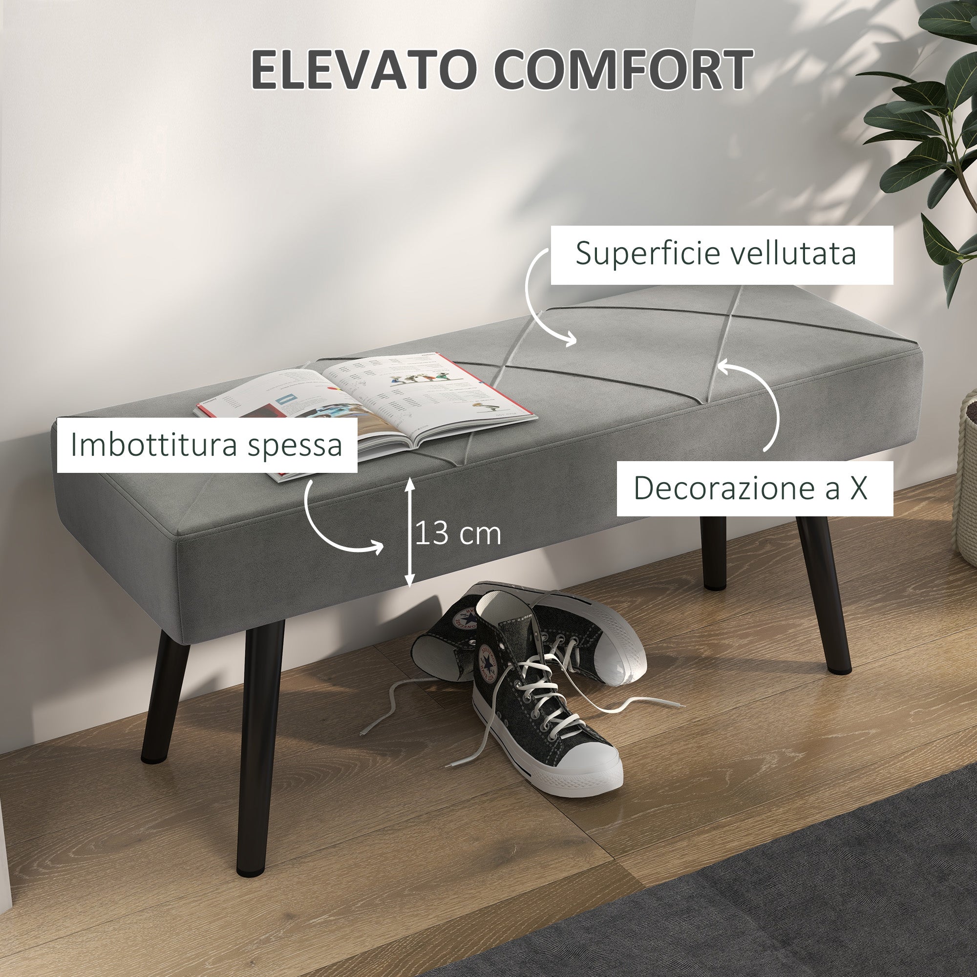 EasyComfort Panca Imbottita Fondoletto in Velluto with Gambe in Acciaio, 100x36x45cm, Grigio