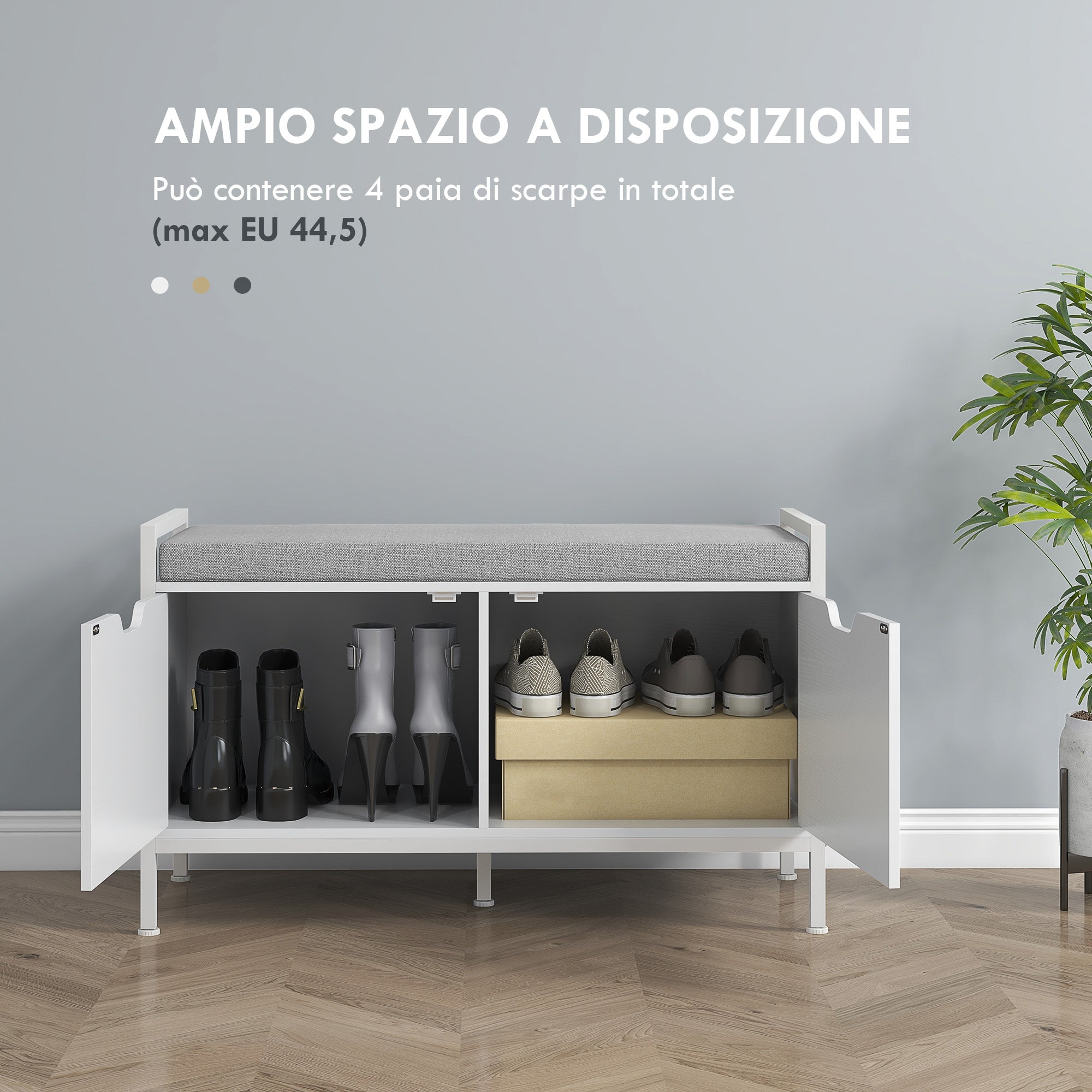 EasyComfort Panca Scarpiera a 2 Armadietti with Cuscino, in Tessuto Effetto Lino, Legno e Acciaio, 84x35x50 cm, white