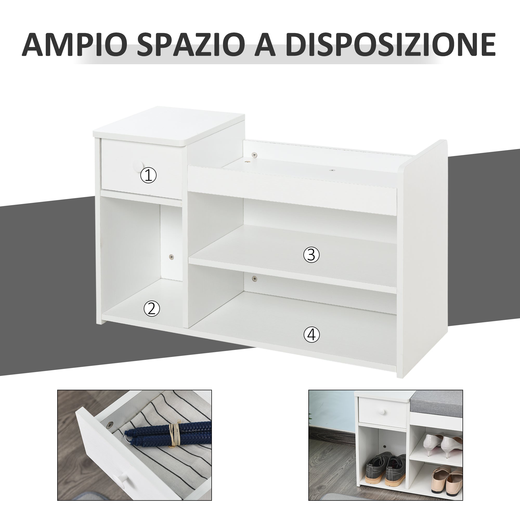 Easycomfort Panca Scarpiera with Cuscino, Cassetto e 3 Vani Aperti in Legno, 81x31.5x49cm, white