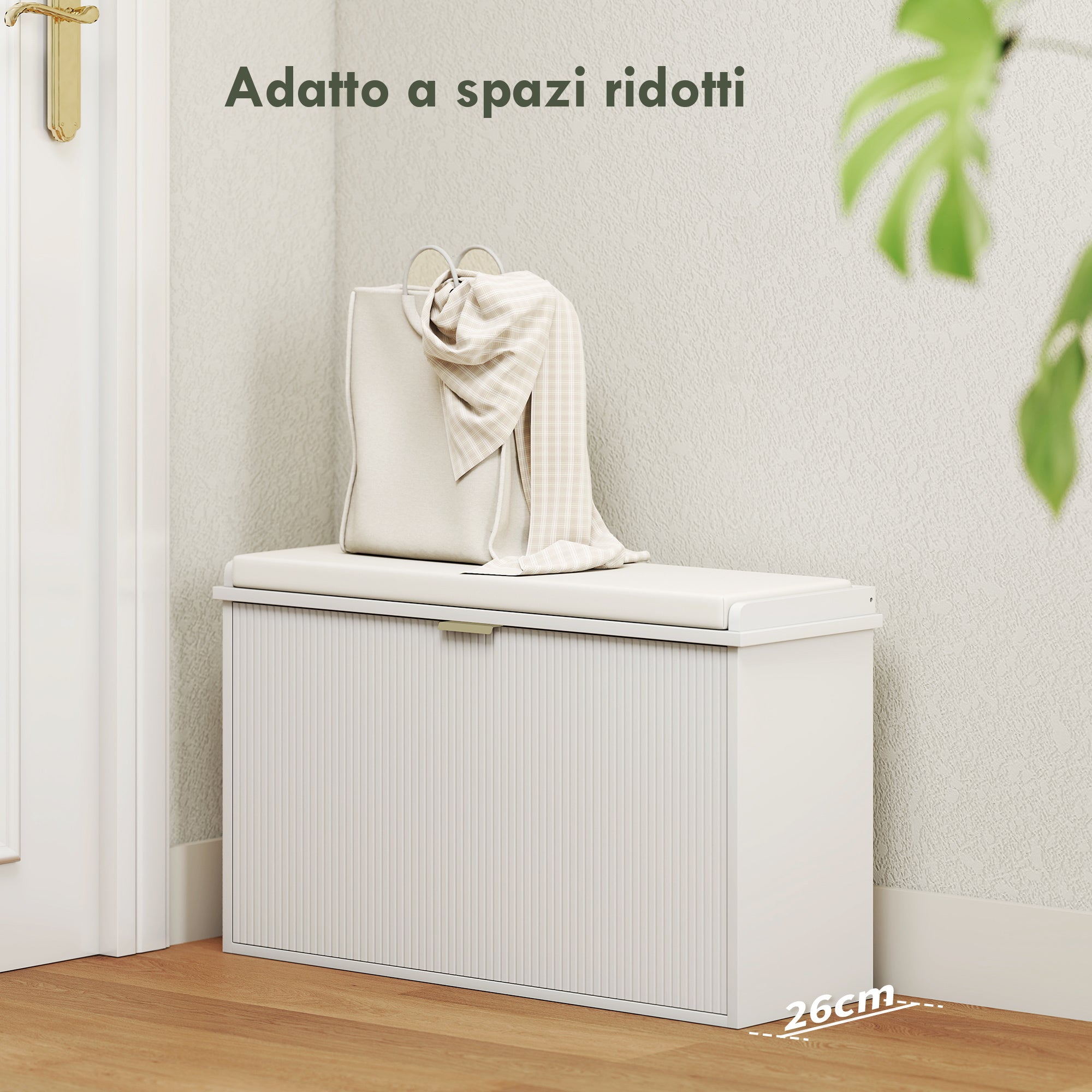 EasyComfort Panca Scarpiera with Ripiano Interno, in Legno e Tessuto Effetto Lino, 80x26x47.5 cm, Bianca e Beige