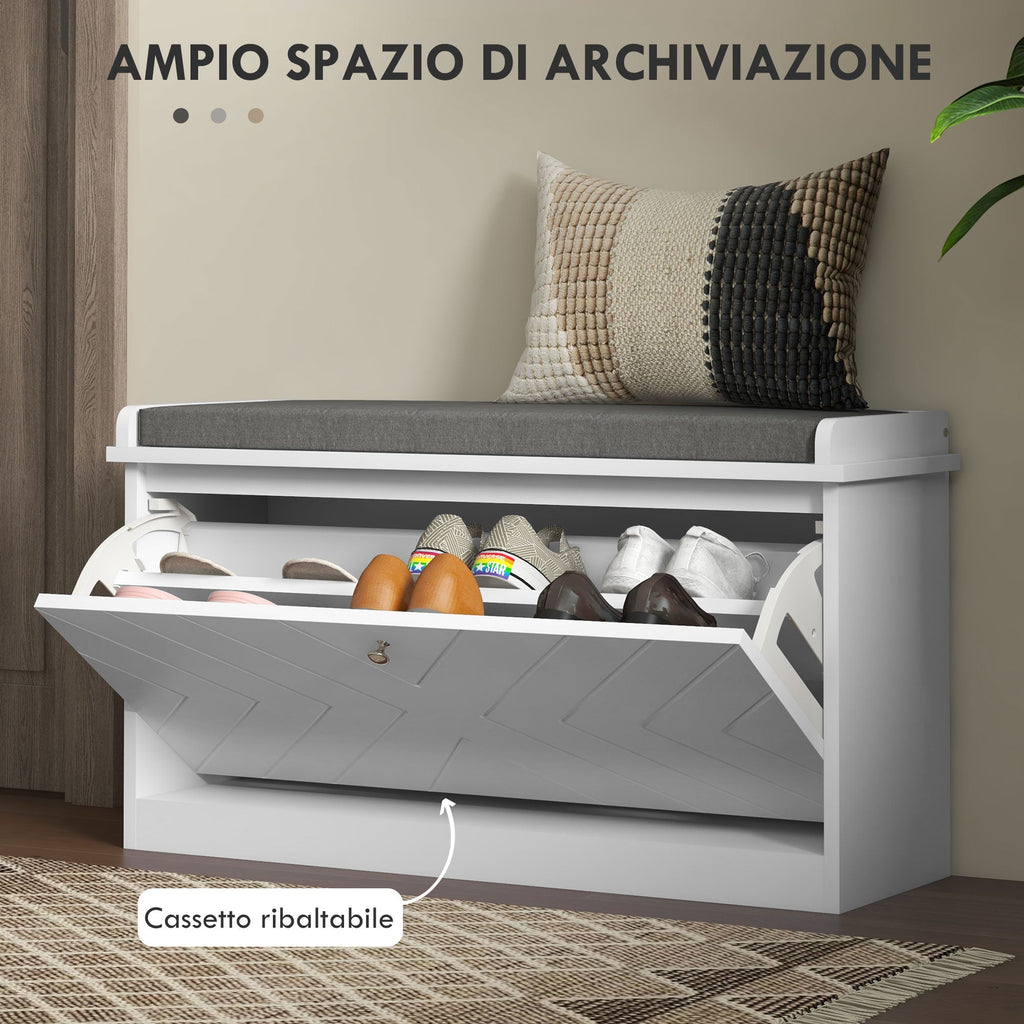 EasyComfort Panca Scarpiera Salvaspazio with Cuscino e Cassetto Ribaltabile per 8 Paia di Scarpe, white