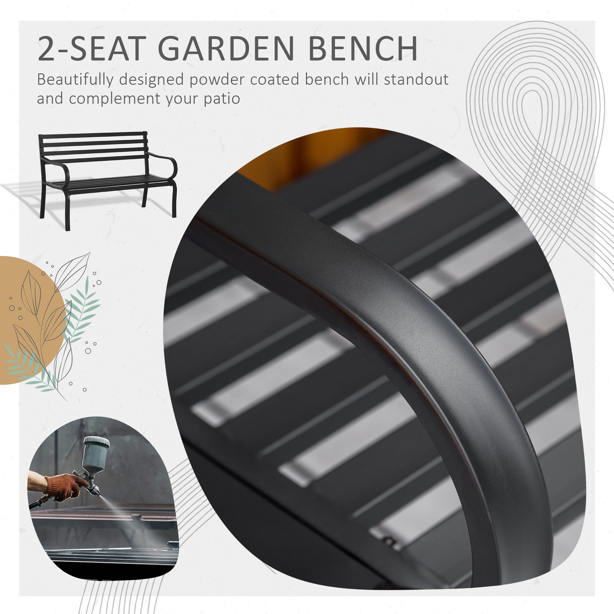 Easycomfort Panchina da Esterno in Metallo Impermeabile black, Panca da Giardino a due Posti, 127 x 62 x 82cm - Max 240kg