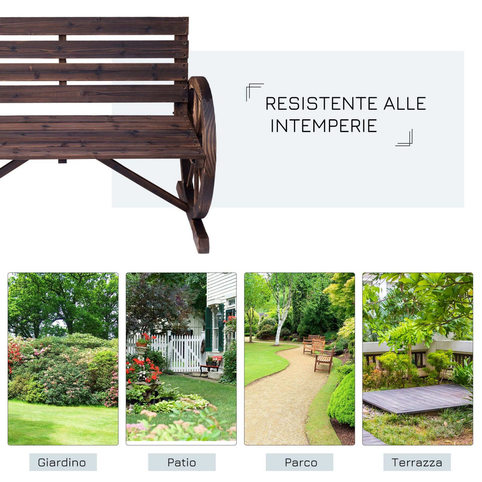 EASYCOMFORT Country Style Garden Bench for 2 People with Wheel Armrests in Brown Wood