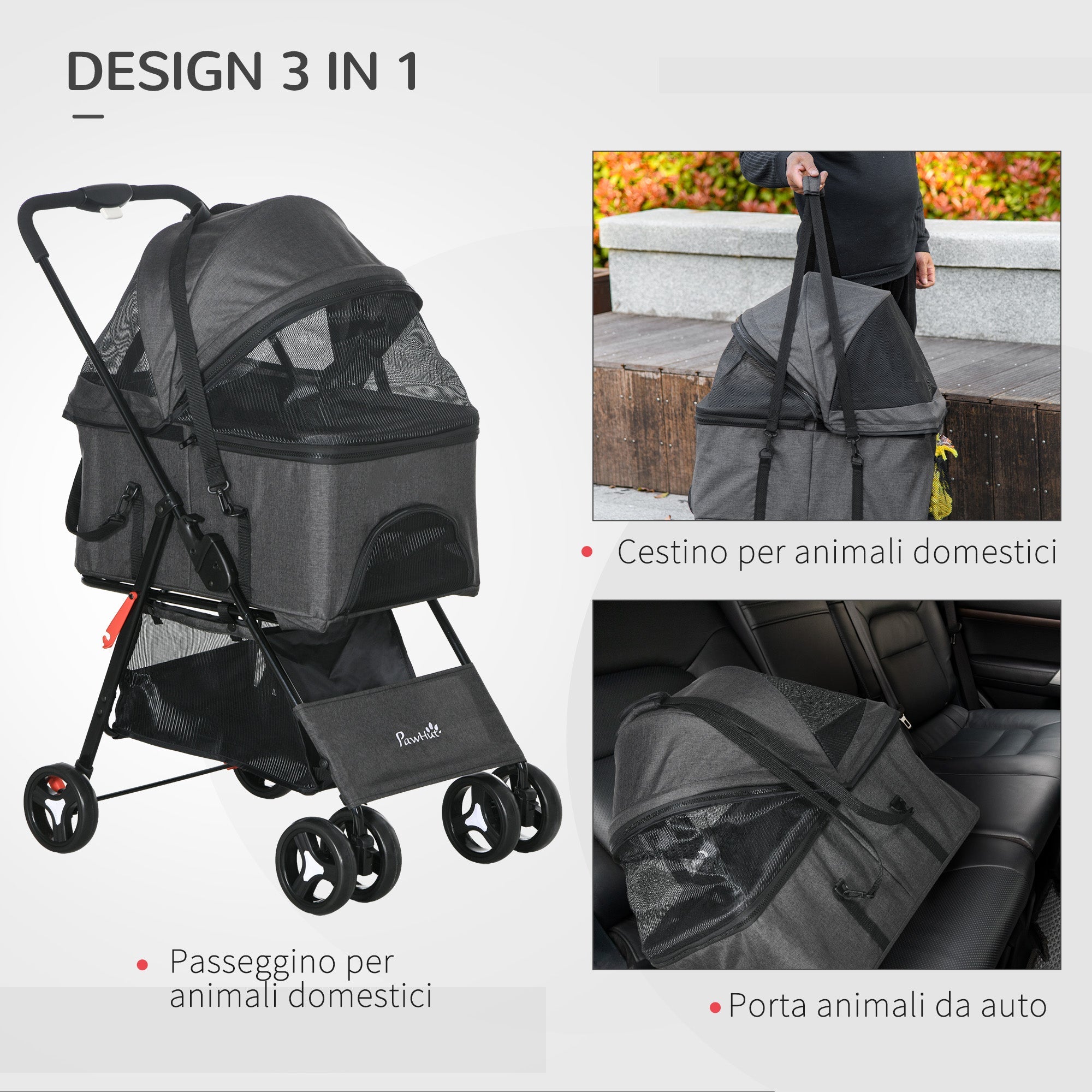 EasyComfort 3-in-1 hondenbuggy, draagtas en transportbox, grijs