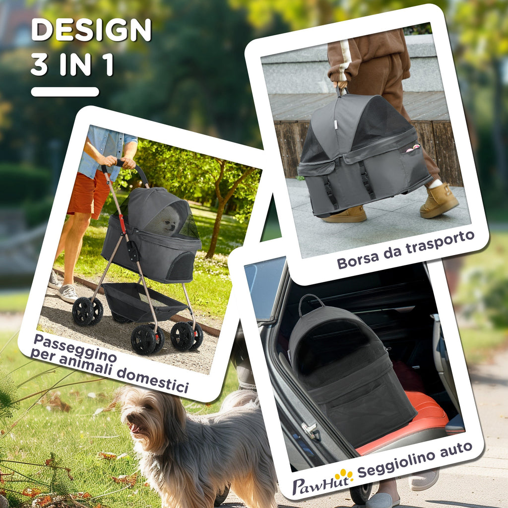 EasyComfort Passeggino per Cani 3 in 1 Pieghevole con Borsa Trasportino e Cestino Inferiore, Grigio