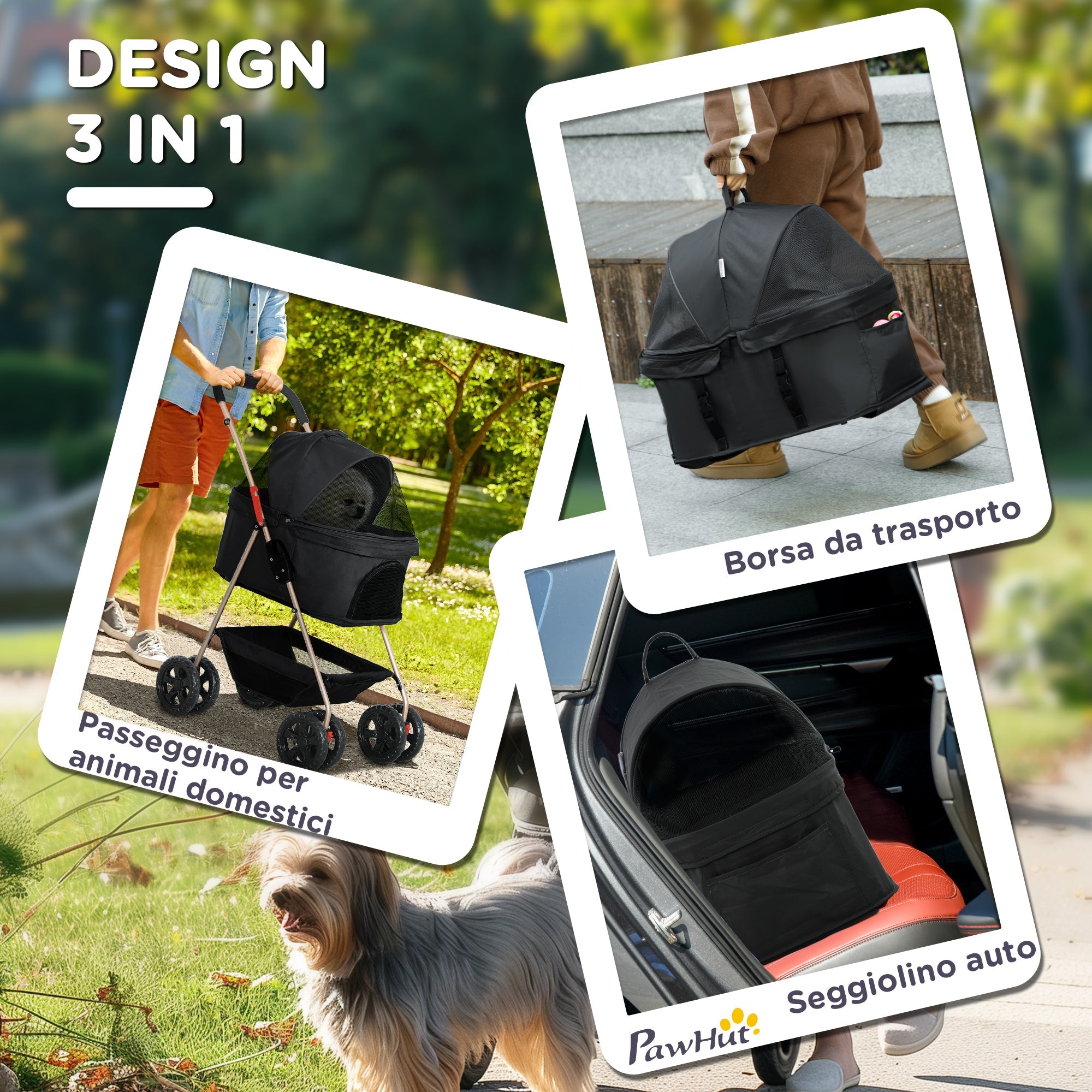 EasyComfort Passeggino per Cani 3 in 1 Pieghevole con Borsa Trasportino e Cestino Inferiore, Nero